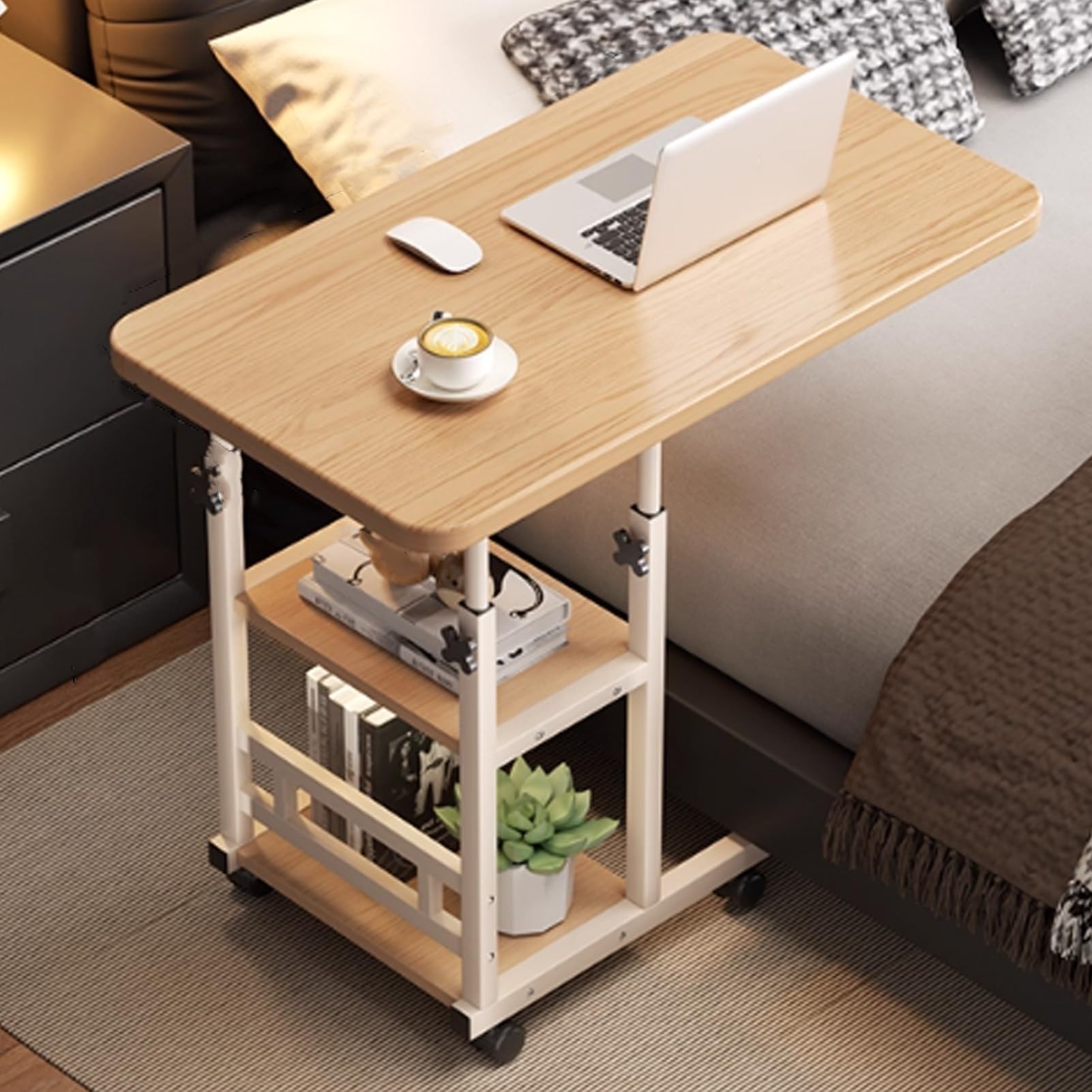Tavolino da Letto con Ruote e Altezza Regolabile, Carrello for Laptop a 3 Livelli, Tavolino Laterale a Forma di C for Camera da Letto, Soggiorno, Ospedale(Natural,80cm/31.5in)