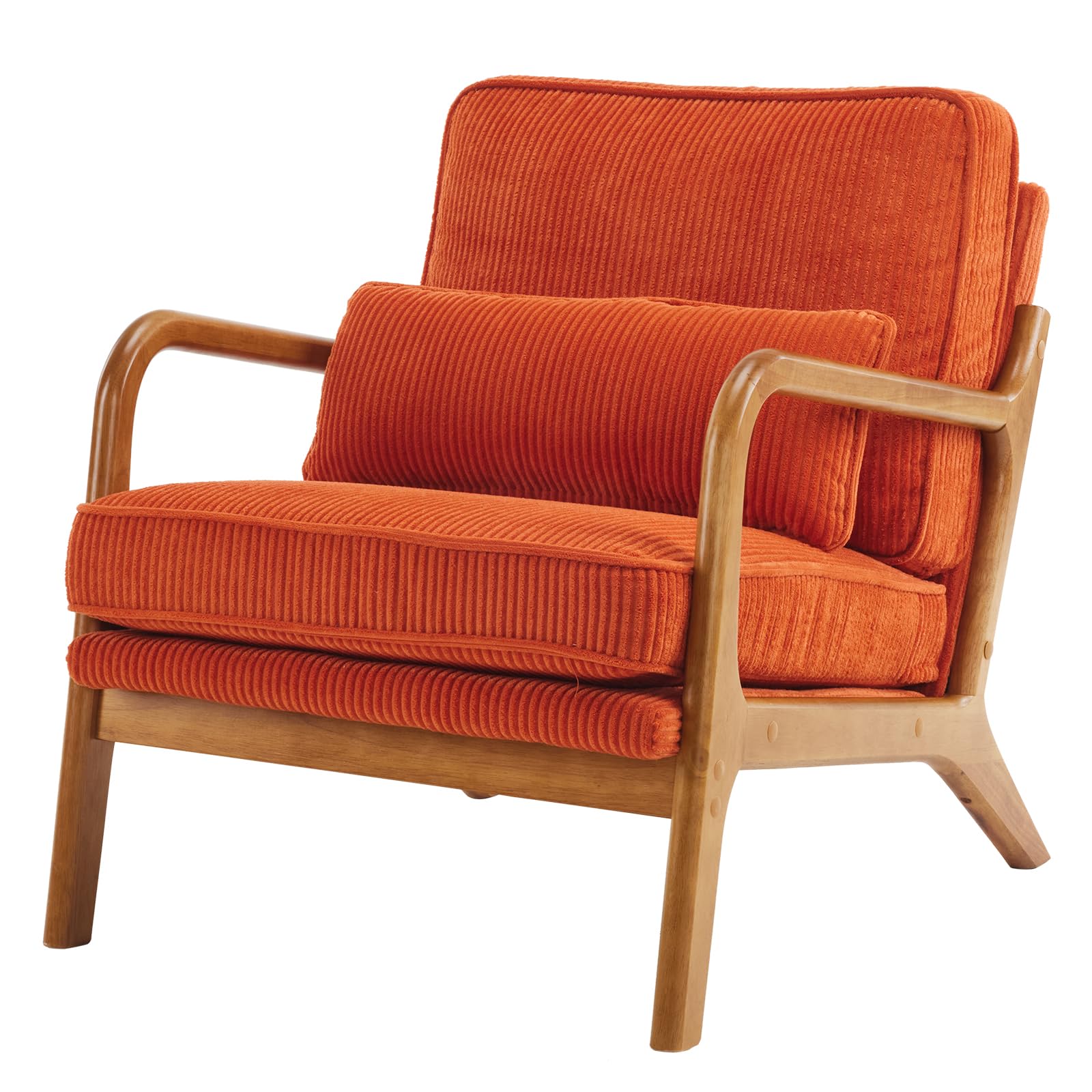 VINGLI Arm Chairs,Mid Century Modern Accent Chairs with Solid Wood Frame,Comfy Upholstered Armchair with Lumbar Pillow,Chairs for Living Room,Bedroom,Small Spaces,Corduroy (Orange)