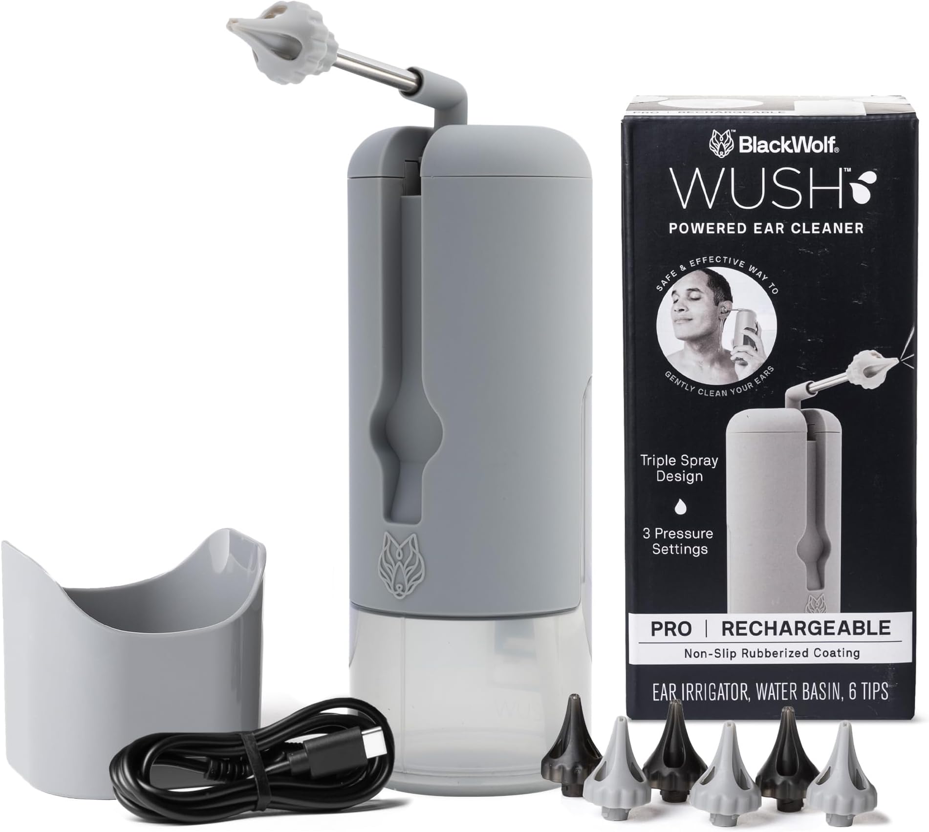 Black Wolf Wush Pro - The Original Deluxe Water Powered Ear Cleaner with 6 Reusable Replacement Tips - Safe & Effective for Ear Wax Buildup - Electric Ear Wax Removal Kit (Grey)