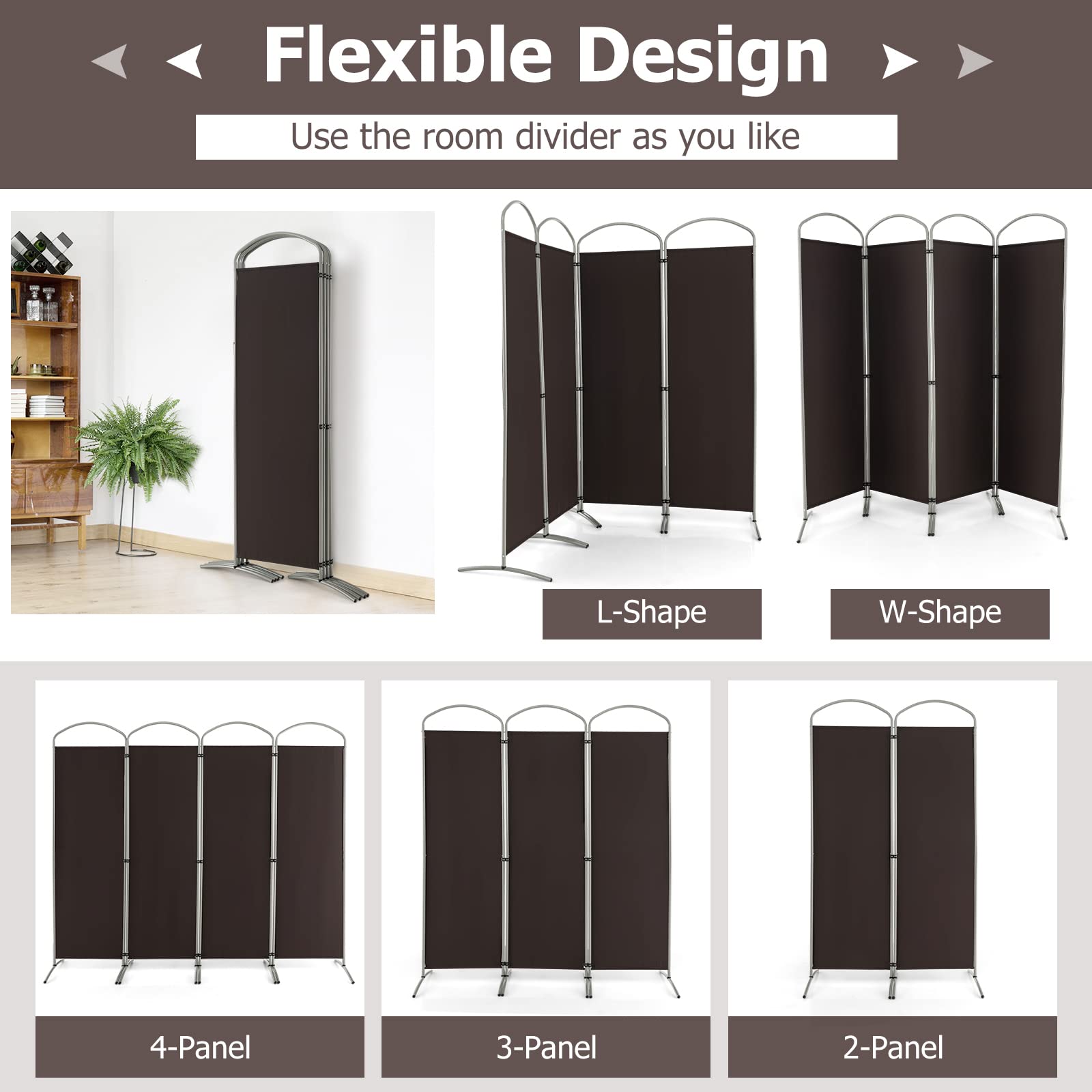GOPLUS Paravent Pliable à 4 Panneaux, Brise Vue Intérieure et Extérieure avec Support en Métal,Paravent de Chambre Retractable 221 x 188 CM, pour Salon, Chambre, Bureau (Marron)