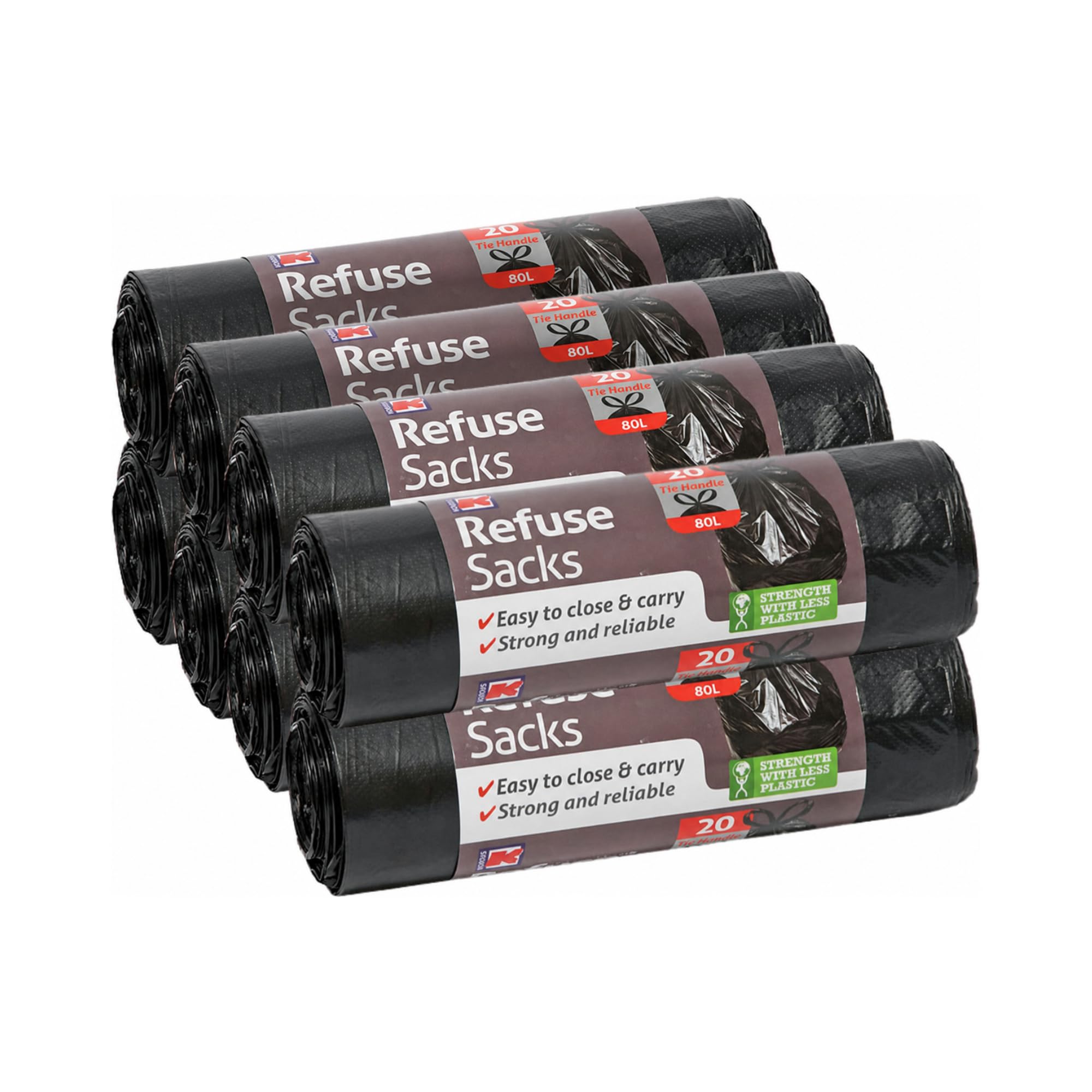 Kordis Bolsas de basura resistentes con asa de corbata, 8 bolsas de 20 unidades, 70 L, resistentes, de plástico, color negro, para cubos de basura de cocina y jardín, 160 bolsas de basura sin perfume,