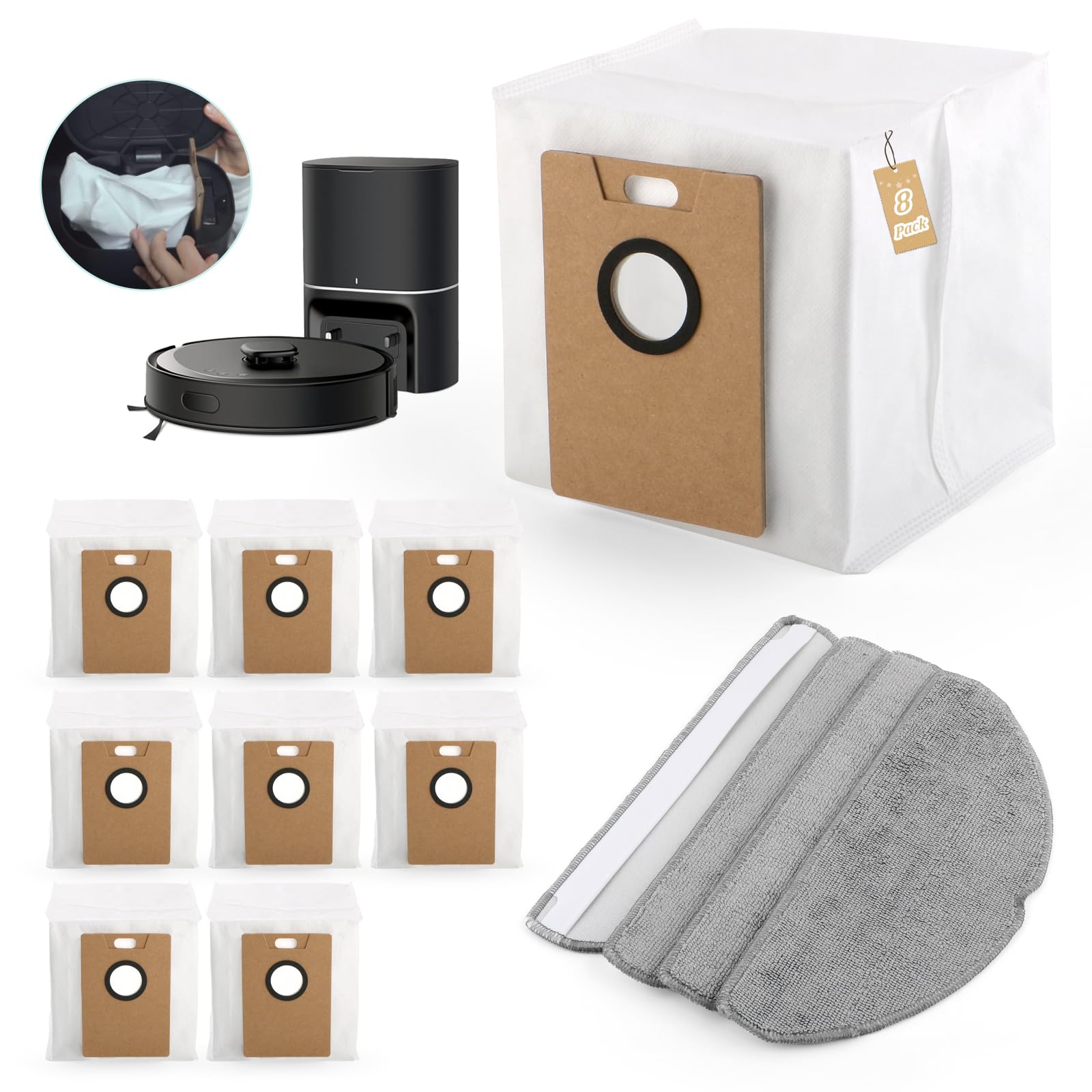 VOUPRONGZY12 Pièces Kit D'accessoires pour Tapo RV30 Max Plus/Tapo RV20 Max Plus Aspirateur Robot avec 8 RVA202 Sacs à Poussière, 4 RVA301 Chiffon de Nettoyage Bag xx