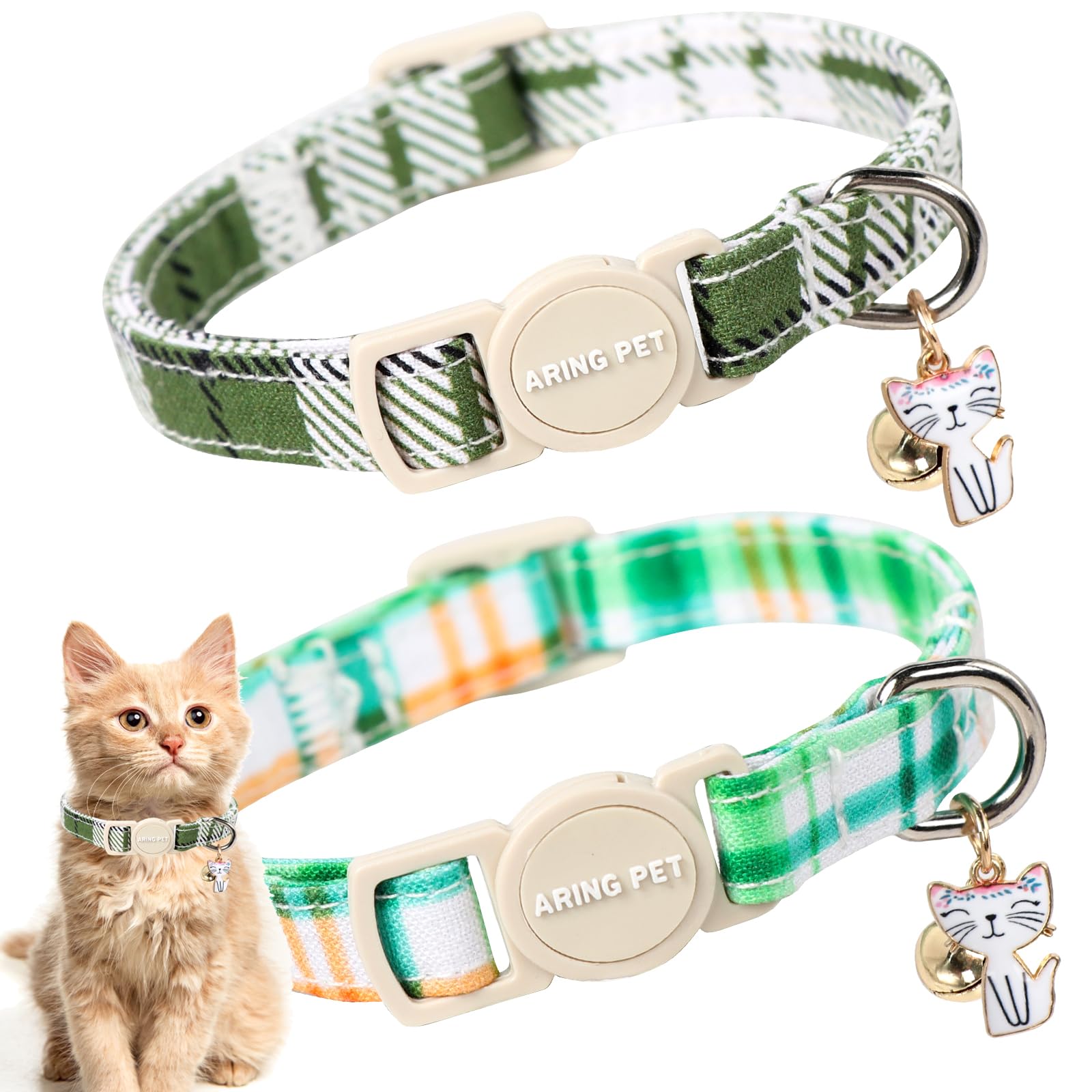 ARING PET 2 Pack Cat Collar-Cute Cotton Cat Collar with Bell & Pendant, Adjustable Spring Kitten Collars with Safety Buckle for Girl and Boy Pets