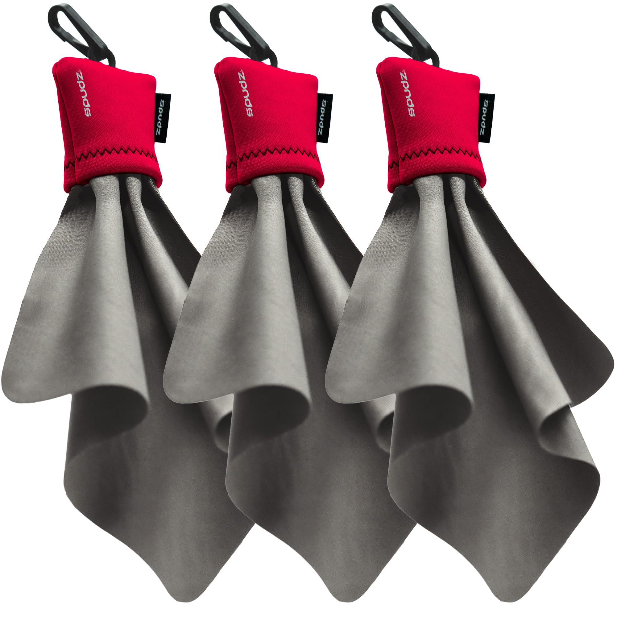 SPUDZ Ultra Microfiber Lens Cleaner with Closeable Bottom – Clip-On Pouch, Washable – for Binoculars, Scopes, Glasses, Screens | Ultra Red, 6 x 6 Inch (3-Pack)