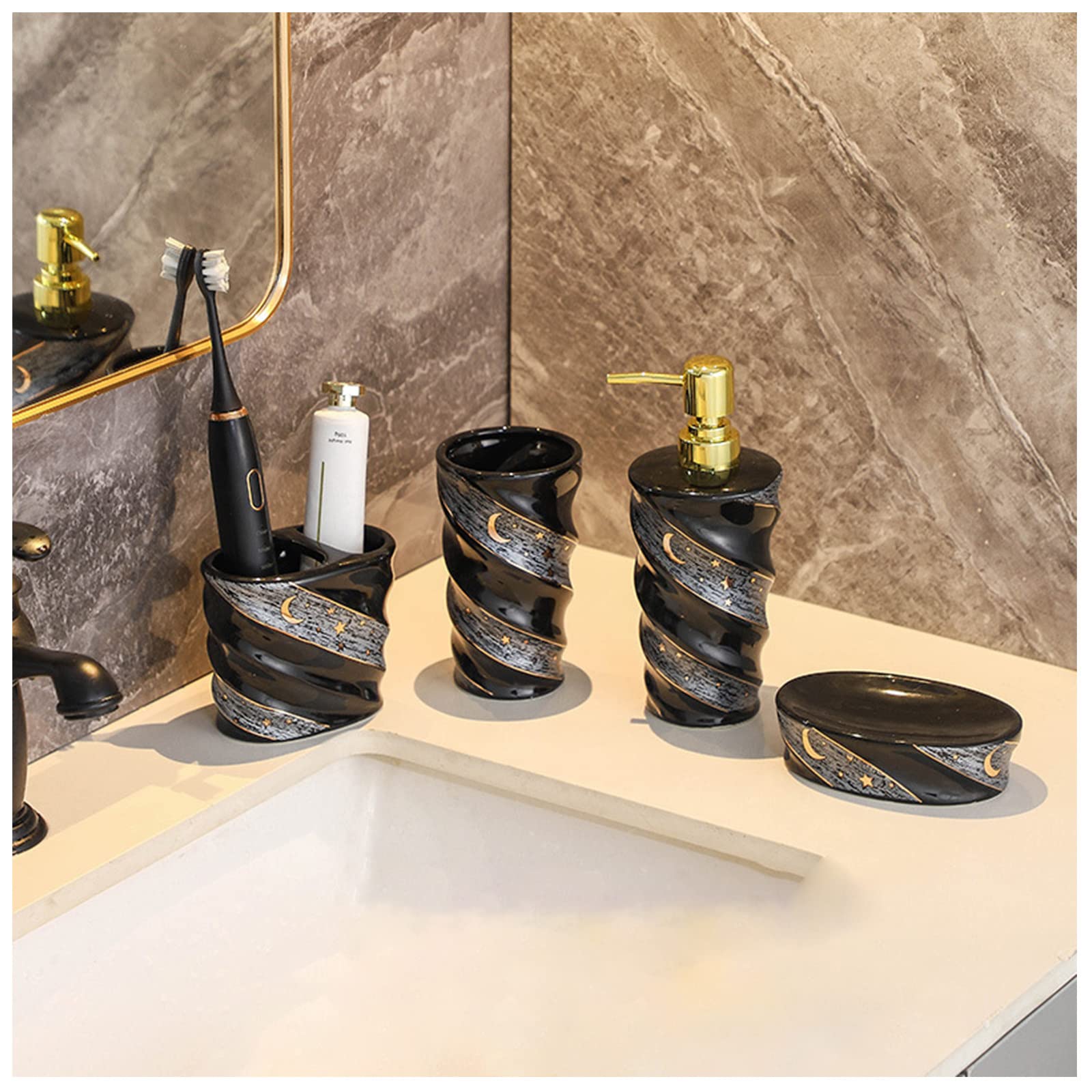 Juegos de Accesorios de baño, Acesorios Cuartos de Baño 4 Piezas con Dispensador Jabon Baño, Jabonera Baño, Porta Cepillo de Dientes, para Champú Gel de Ducha Cerámica Negro