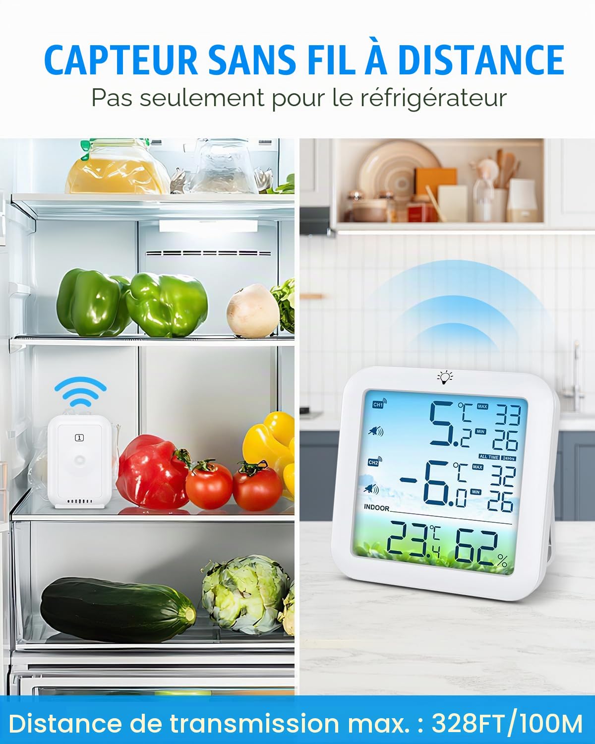 Brifit Thermometre Frigo, Thermomètre Congélateur avec 2 Capteurs, Thermometre Réfrigérateur à Écran Couleur avec Alarme, Commutateur ℃/℉, MIN/MAX, Rétroéclairage Blanc pour Cuisine, Restaurants