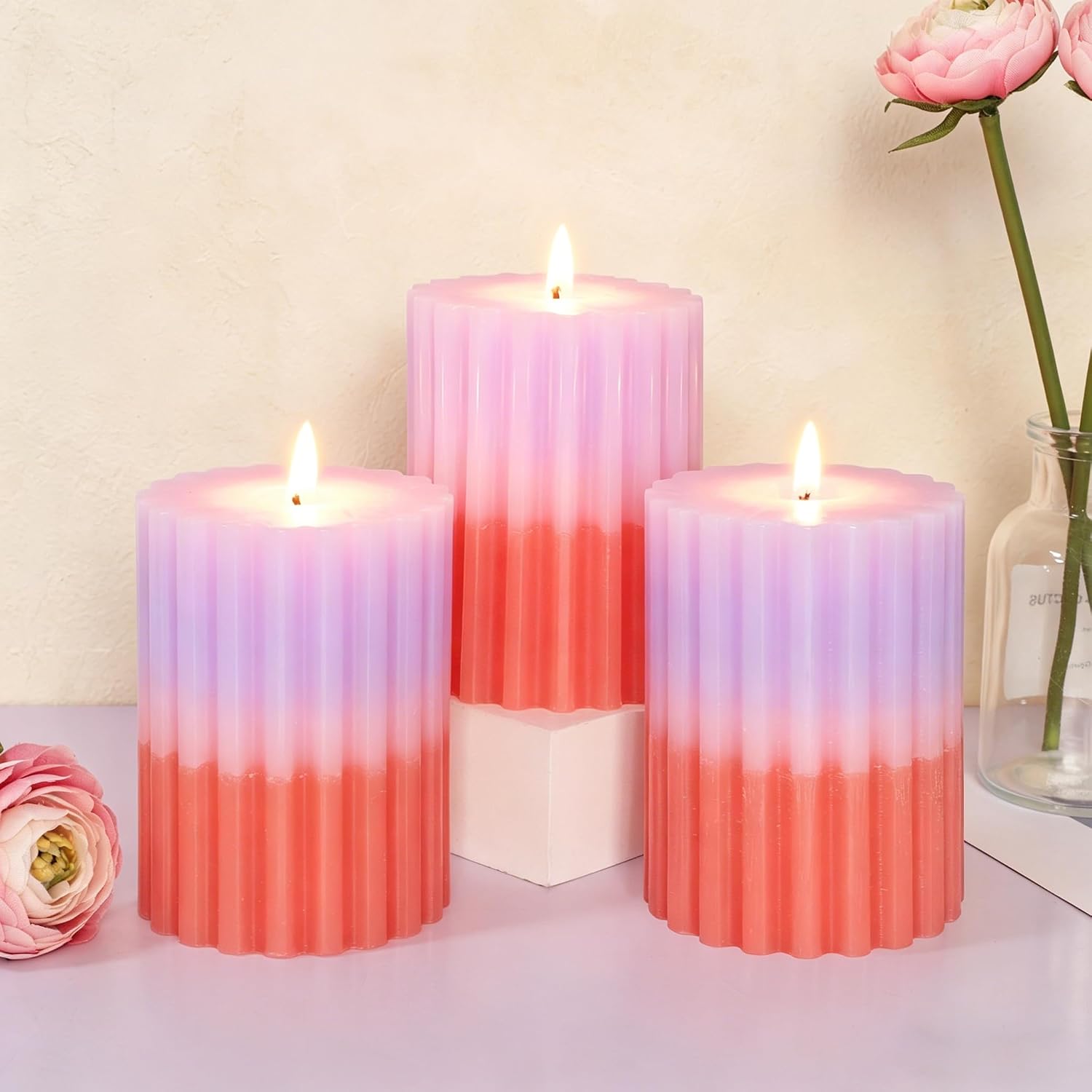 Impress Life Vanilla Cupcake Scented Pillar Candles Set of 3, 3x6 Inch Purple Pink Gradient Ribbed Aromatherapy Candles, Smokeless Clean Burning Decorative Candles for Birthday Party Home Wedding Gift