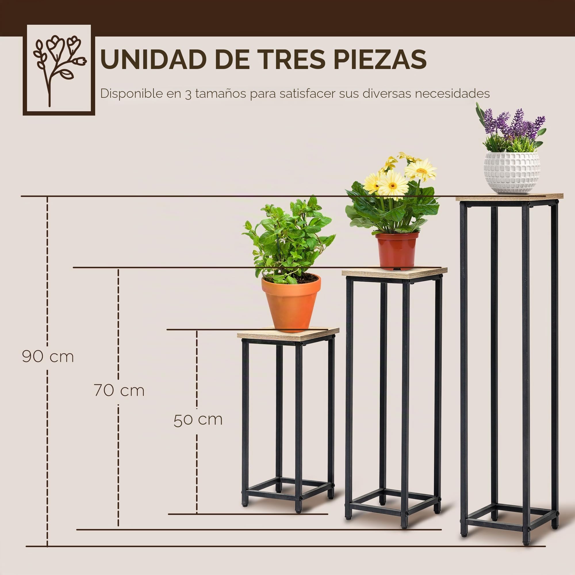 Outsunny Juego de 3 mesas para plantas exterior e interior