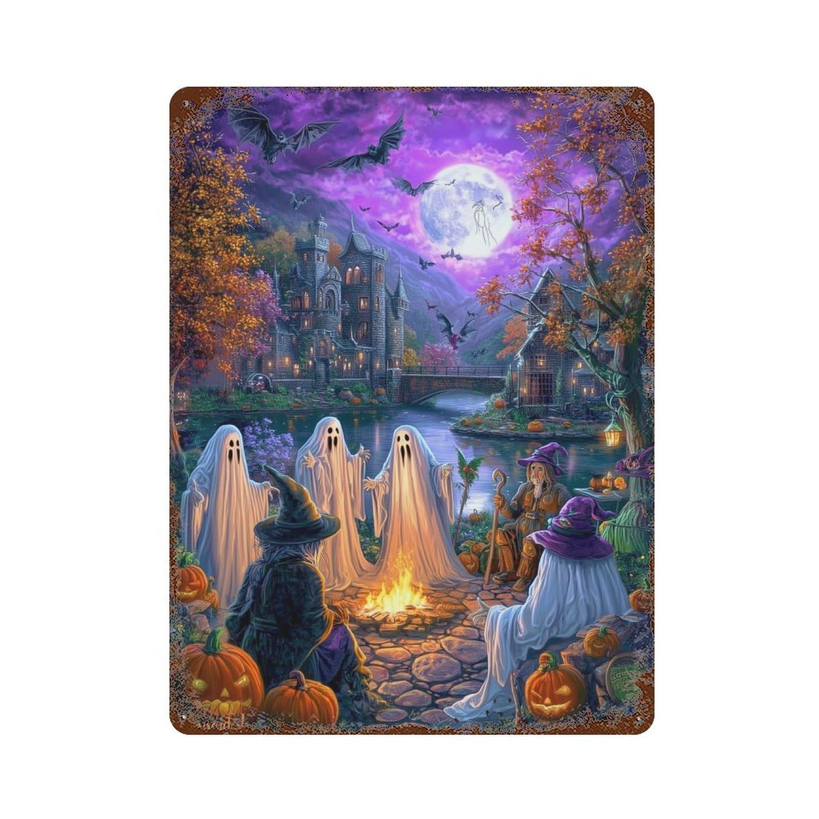 Halloween Ghosts And Witches Scene Weathered Tin Sign 15.7"x11.8", Classic Wall Plaque for Garage, Bar And Workshop Decor