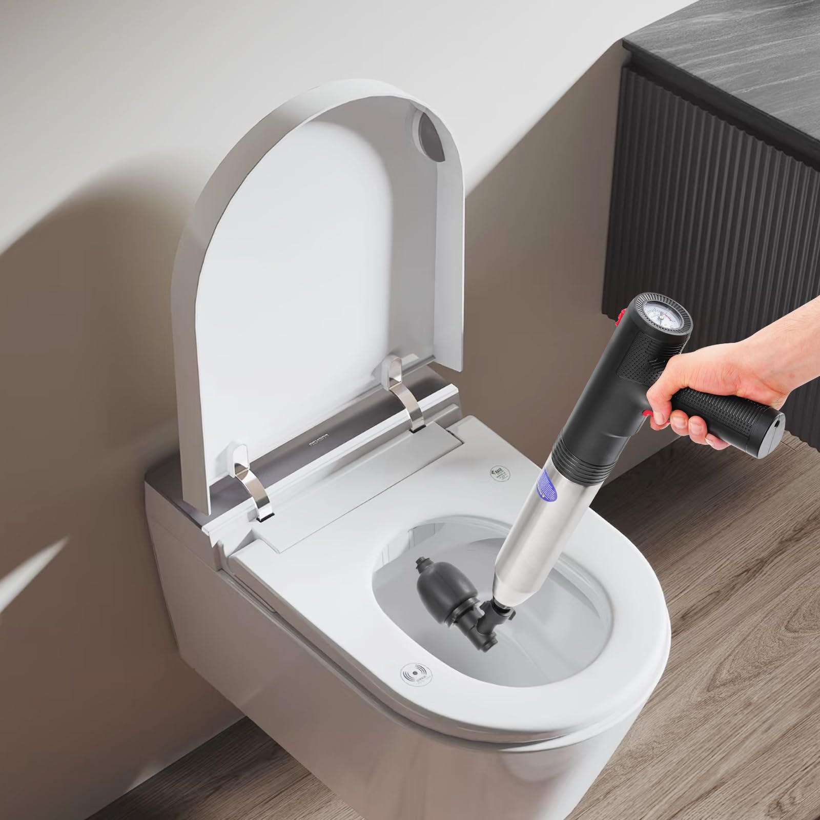 Elektrische Toilettenentstopfer Hochdruck Abflussreiniger Luftdruck Kanalöffner ABS Edelstahl für Badezimmer Küche Waschbecken Bodenablauf EU-Stecker 1500mAh