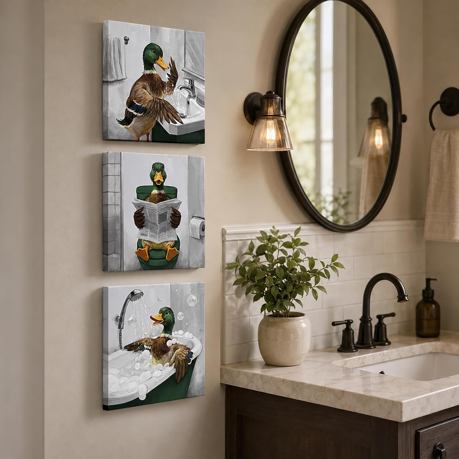 OuElegent Funny Mallard Duck Bathroom Wall Art Farmhouse Animal Wall Decor Duck in Bathtub Toilet Art Prints Rustic Bathroom Decor Humorous Animal Canvas 12''x12''x3 panels Ready to Hang
