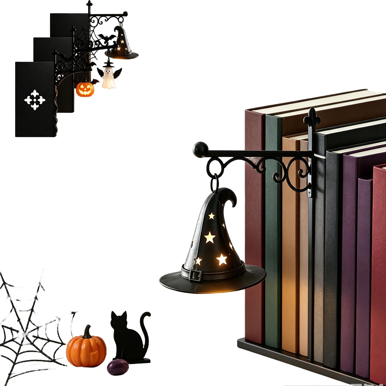Halloween Bookshelf Lantern, 3D Cute Ghost Pumpkin Witch Hat Lamp (Hat)