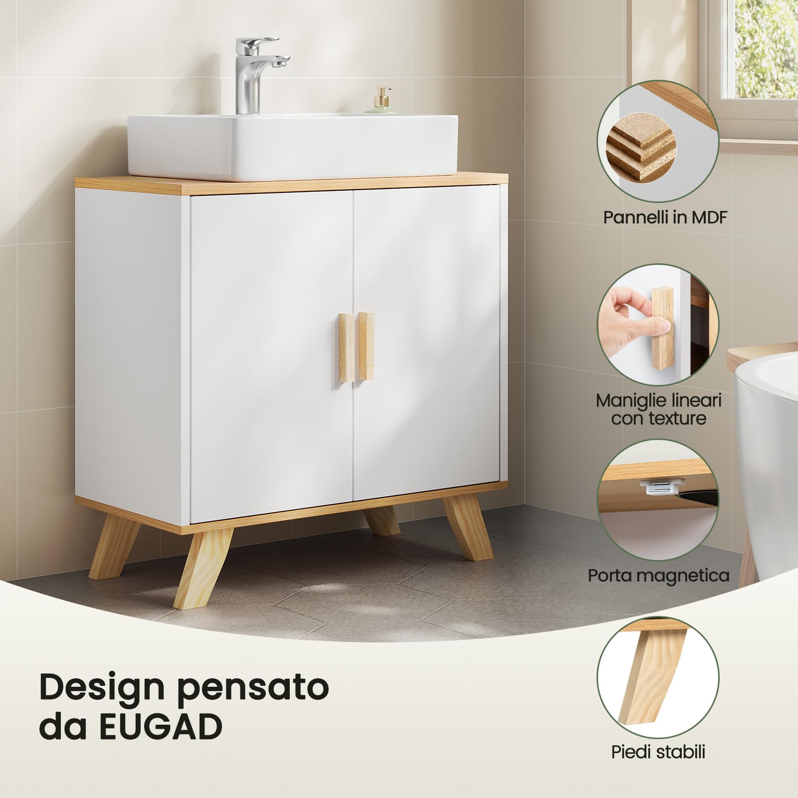 EUGAD Mobile Sottolavabo per Bagno Sottolavello Armadietto sotto Lavandino con Due Ante in Legno, 30 x 60 x 60 cm