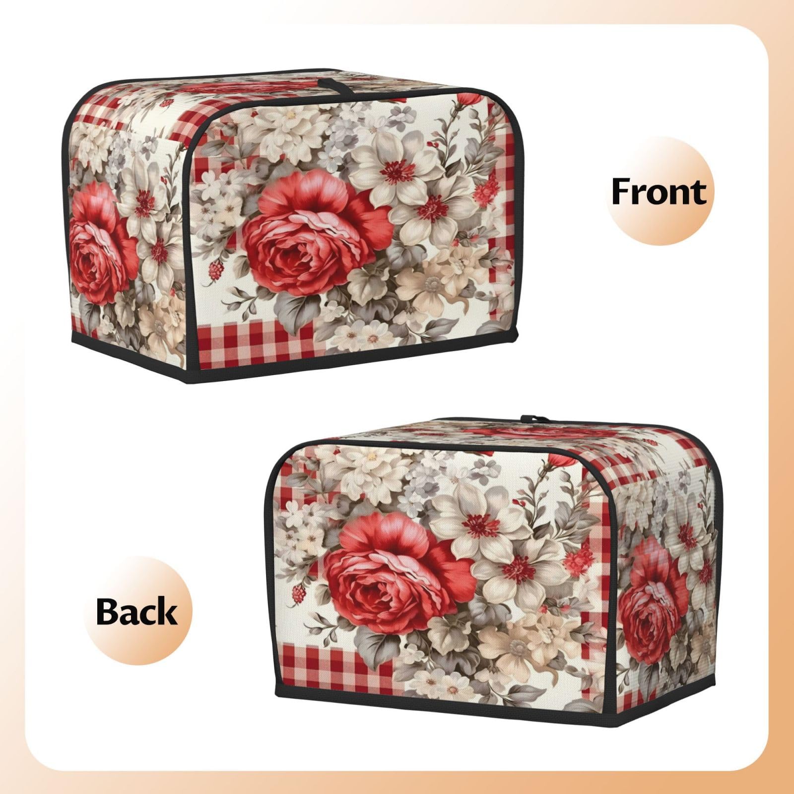 Cubierta para tostadora a cuadros de flores rojas, ranura ancha de 2 rebanadas, a prueba de polvo, impermeable, con lazo para colgar, protector de tostadora de panadería 3