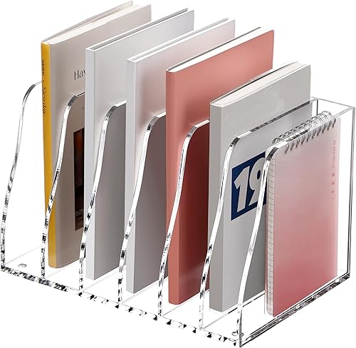 Miniatura 11 de SANRUI Organizador de escritorio de acrílico transparente, soporte para archivos de revistas con 3 secciones verticales, estante para revistas,