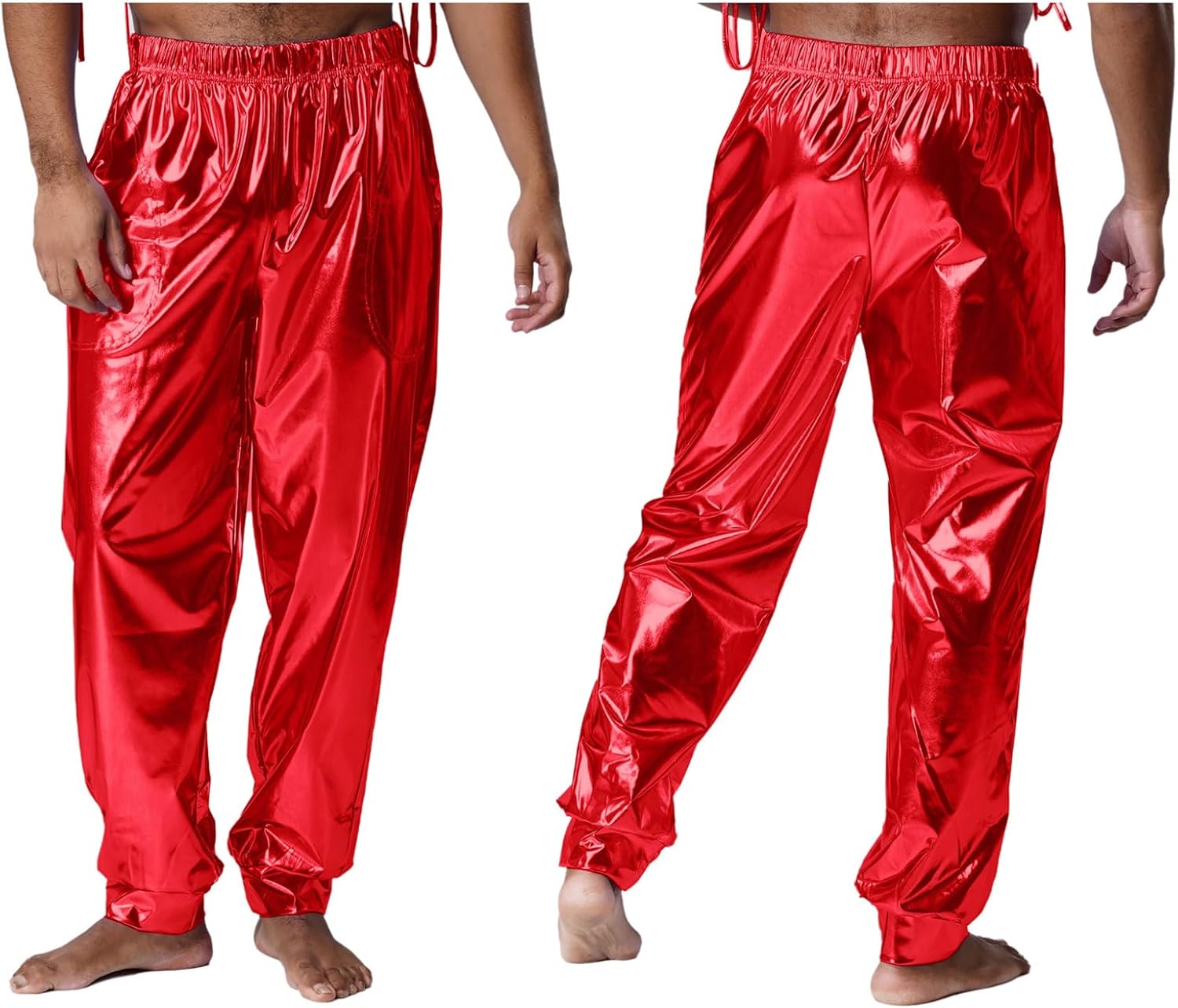 ACSUSS Men Long Pants Elastic Waist Metallic Shiny Sporty Dance Bottom Loose Pants for Clubwear