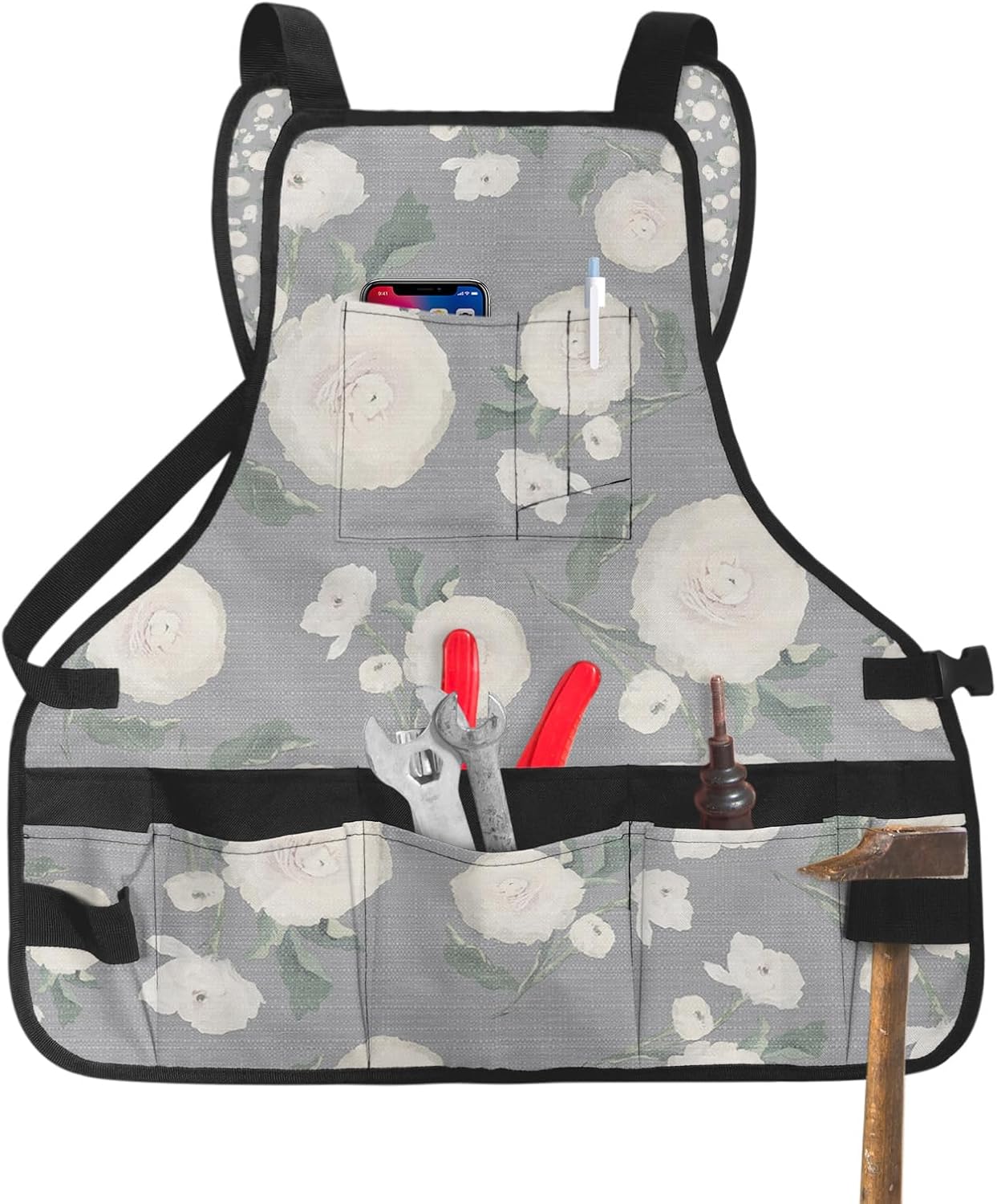 Work Apron for Men Adjustable Woodworking Apron with 16 Pockets Oxford Apron Abstract Colorful Flower Blue Tool Apron