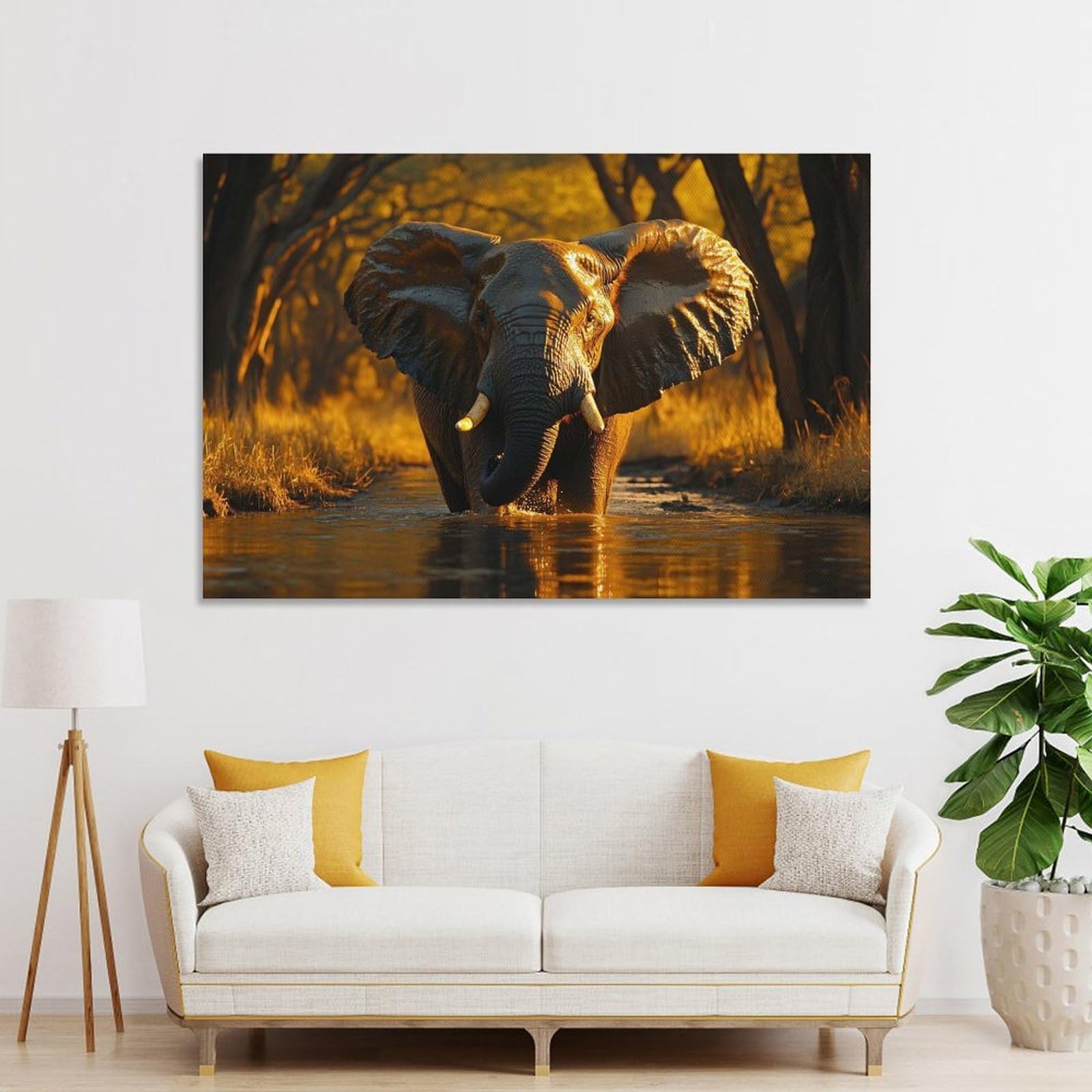 Junmoney Canvas Art Print Elephant in Water at Sunset, 08x12inch(20x30cm), for Home Office, Desk Area Or Studio, Wall Art That Adds Style to Work Areas