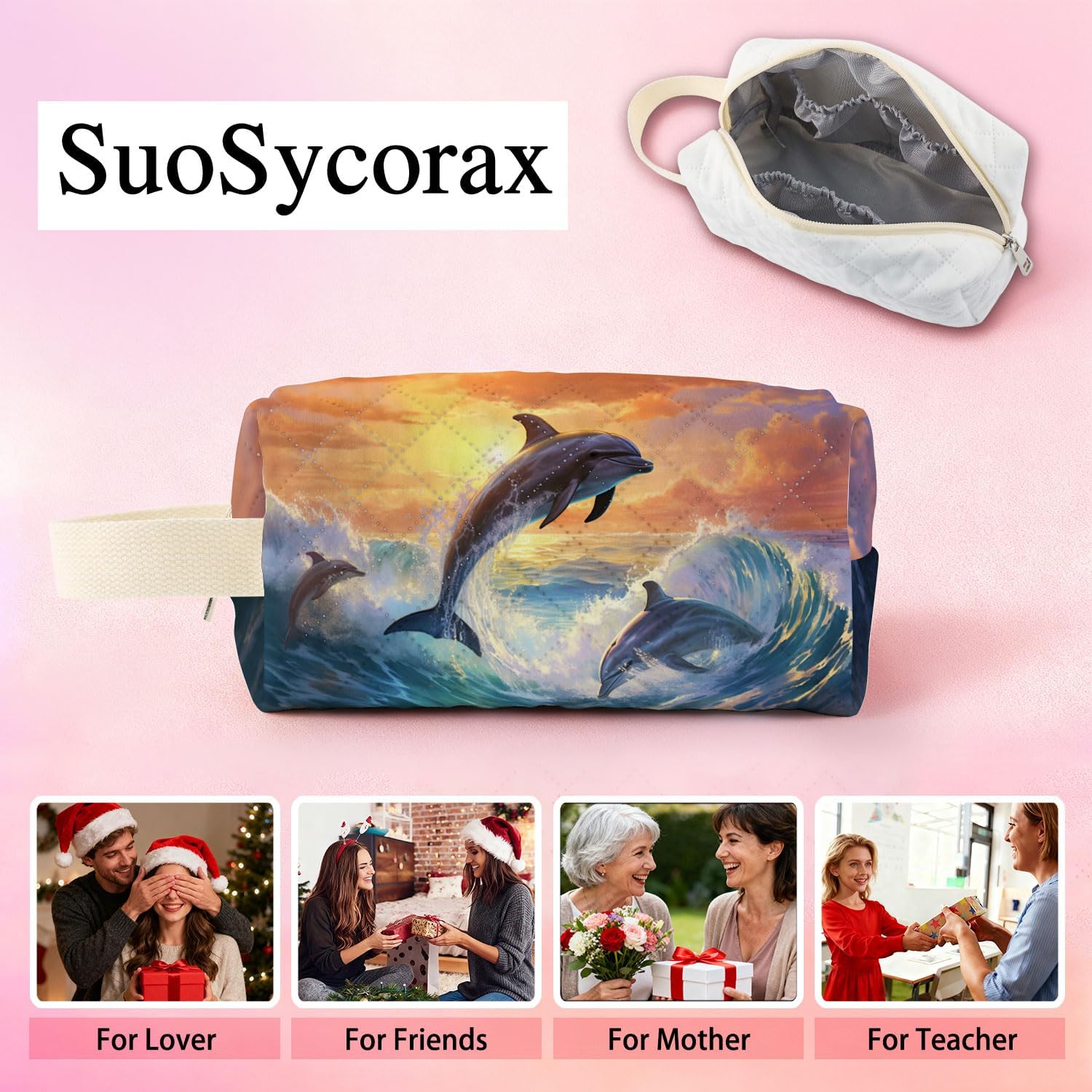 Sunset Dolphin Printed Quilted Makeup Pouch for Women - Velvety Polyester Cosmetic Organizer w/Triple Compartments, Travel & Makeup Brush Holder - Image 7