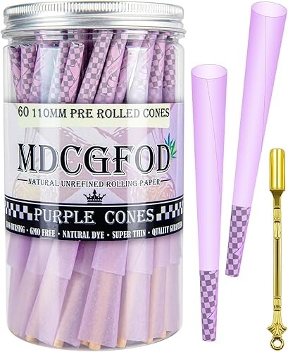Paquete de 60 conos preenrollados de tamaño King natural con puntas, palitos en forma de cuchara, fácil de usar (morado)