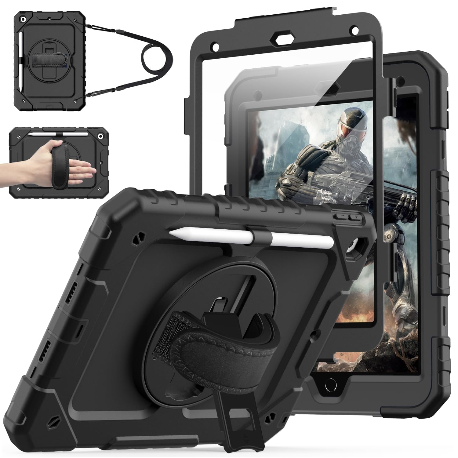Photo 1 of Cantis Case for iPad 9th/8th/7th Generation with Screen Protector, iPad 10.2 Case 2021/2020/2019 with 360 Degree Rotating Stand/Shoulder Strap/Pencil Holder, Black