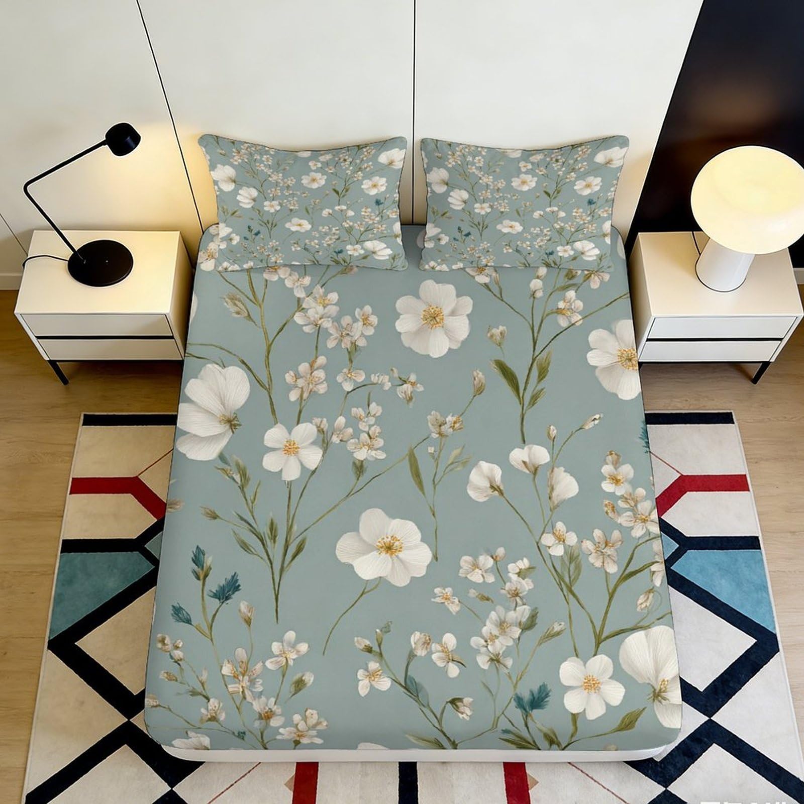 3D Printed Pastoral Floral Fitted Sheet Microfiber Soft Green Blossom Bed Cover for Bedroom Guest Room Easy Care 90x200x25cm
