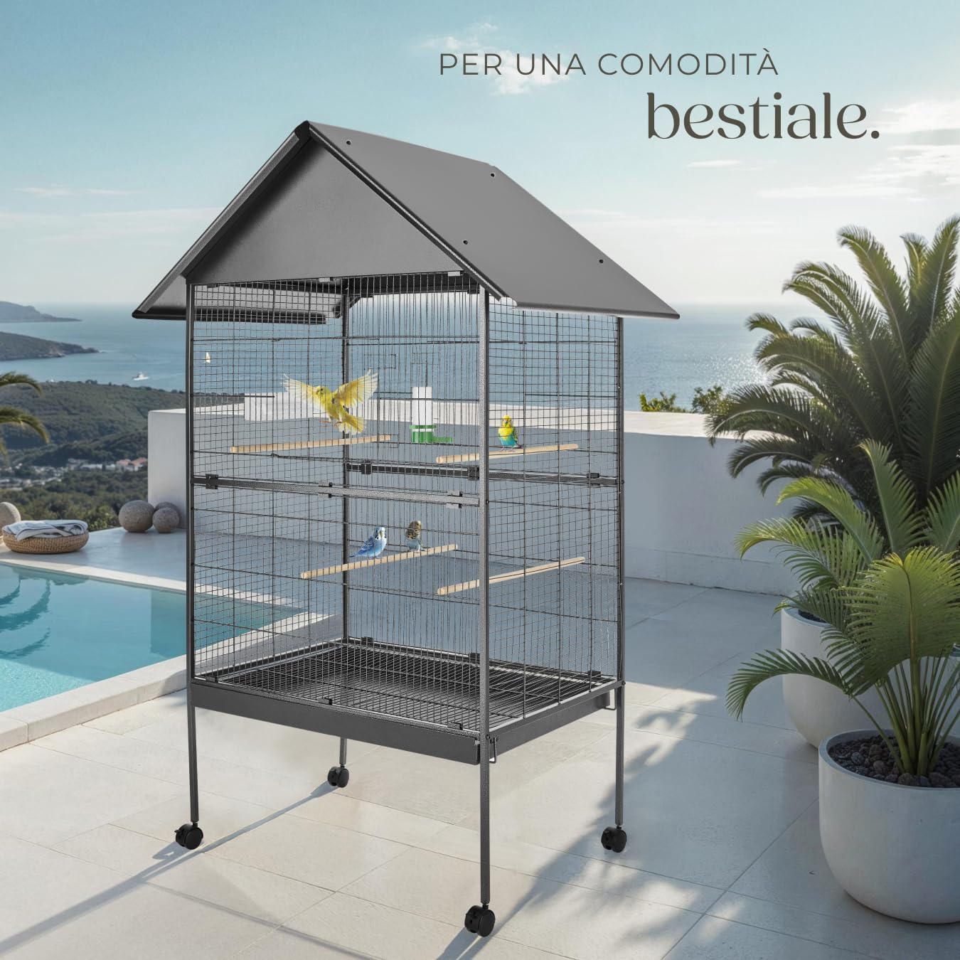 tectake® Gabbia per Uccelli, Spaziosa Voliera con Tetto Spiovente, Due Cancelletti, 4 Ballatoi, Piedi a Rotelle Bloccabili, 168 x 85 x 60 cm, Antracite, Tetto a Punta - 85 x 60 x 168 cm
