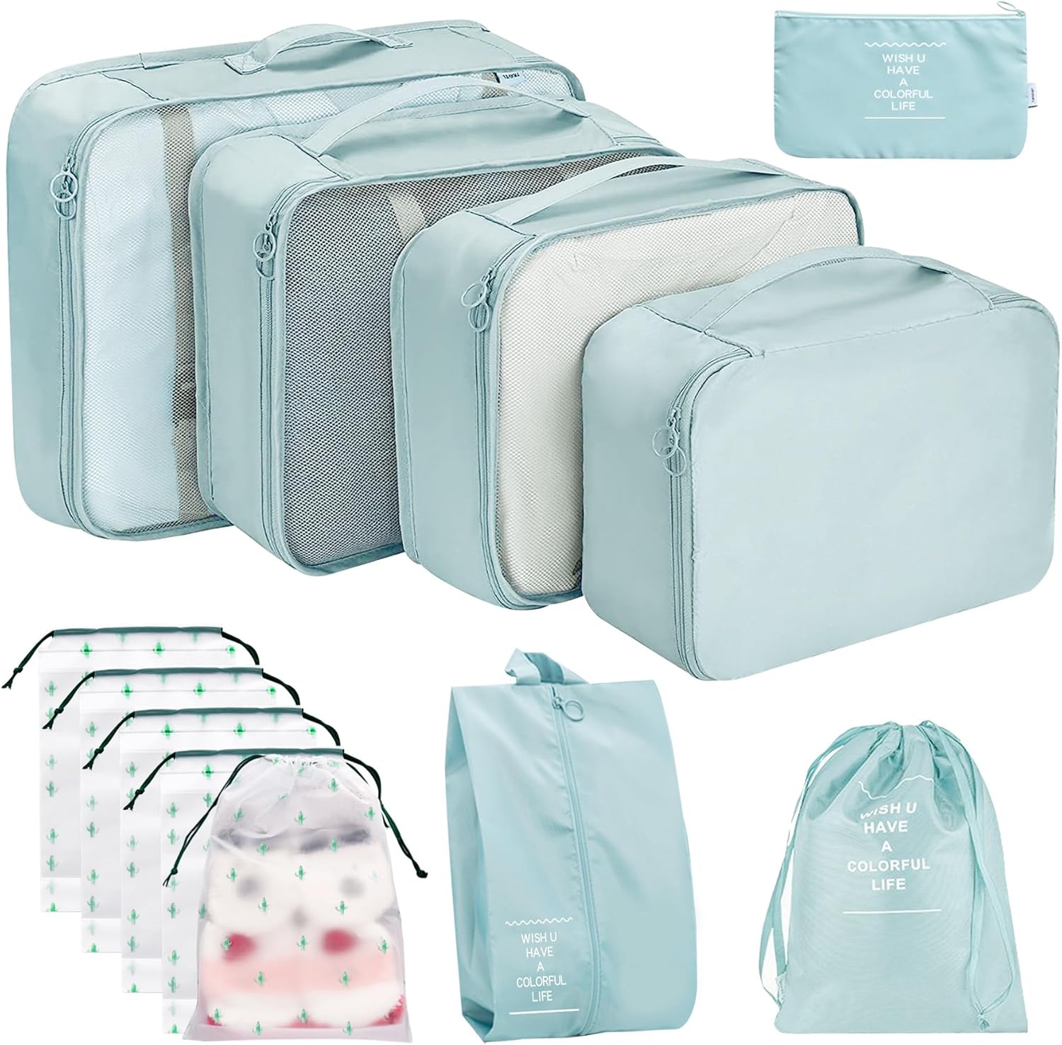 12Pcs Packing Travel Cubes for Suitcase Luggage Organizers with 5 Drawstring Bags,Suitcase Organiser Bag with Waterproof Shoe Storage Bag Compression Pouches Blue