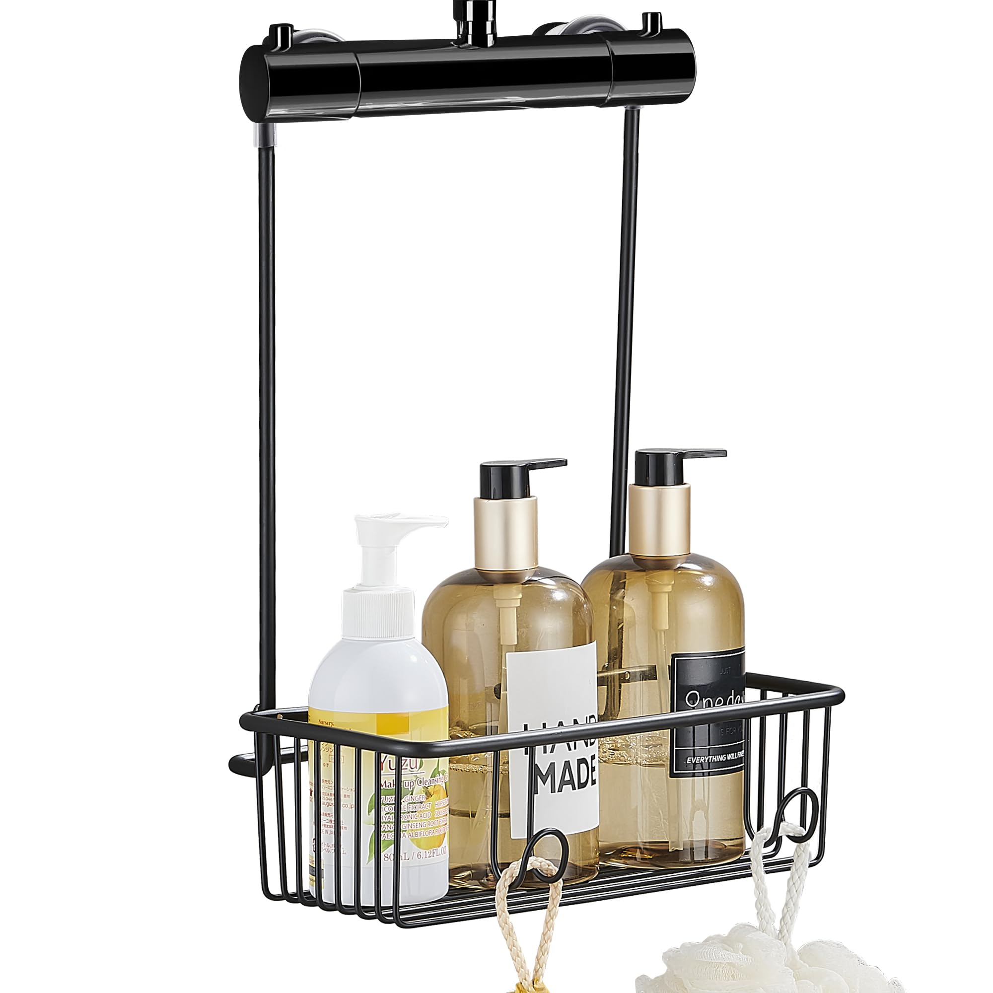 GERUIKE Hanging Shower Caddy Basket No Drilling Bathroom Shelf Over Shower Tap, Easy to Attach Single-Tier Organiser with Hooks, Matt Black Stainless Steel Holder 25.5x13x36.5 cm