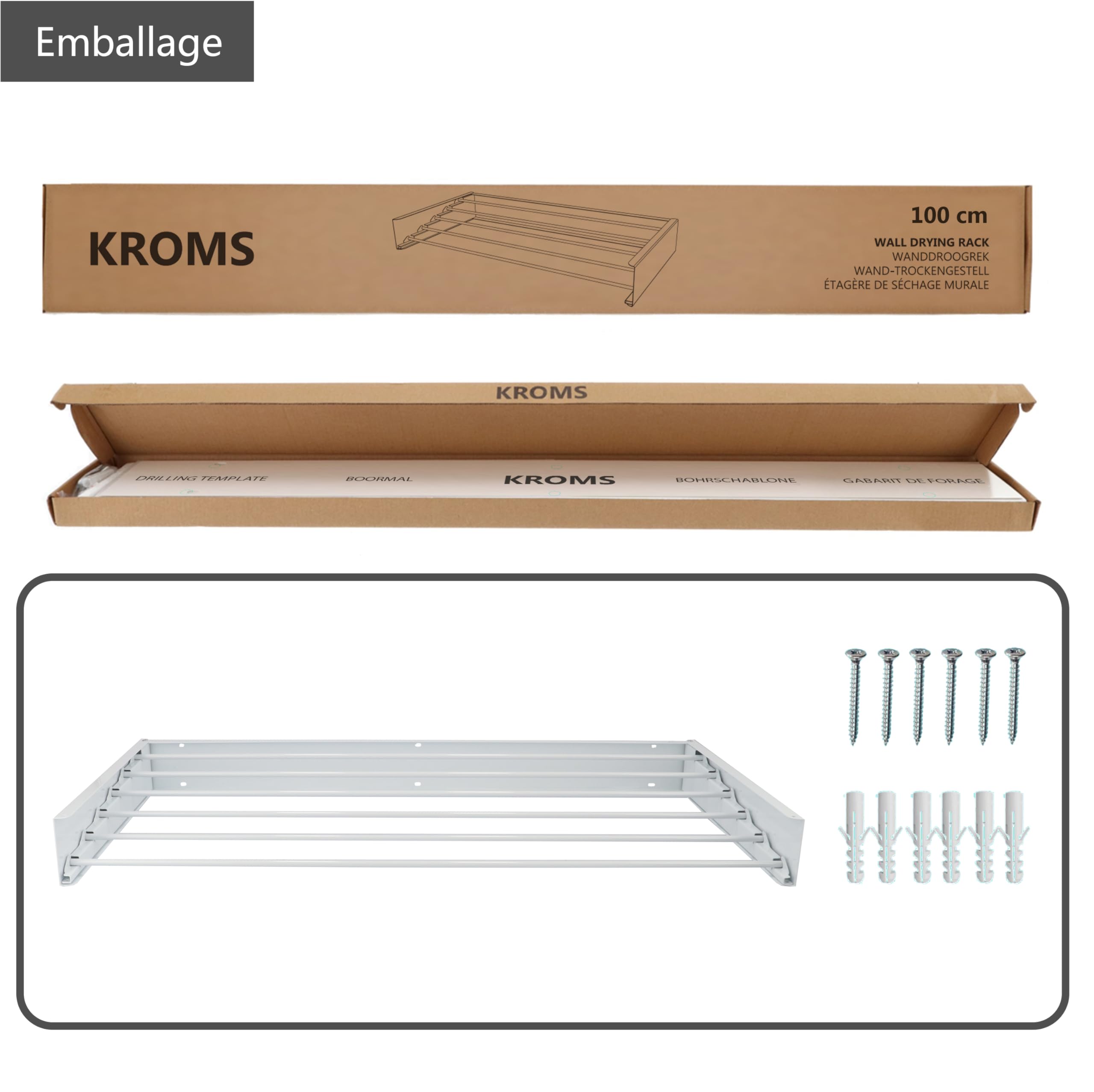 Etendoir Mural XL Entièrement Blanc 100cm - Aluminium Thermolaqué - Longueur de Séchage de 6 Mètres - Etendoir Mural Rabattable - Etendoir Linge Interieur Pliable - Sechoir a Linge Pliable