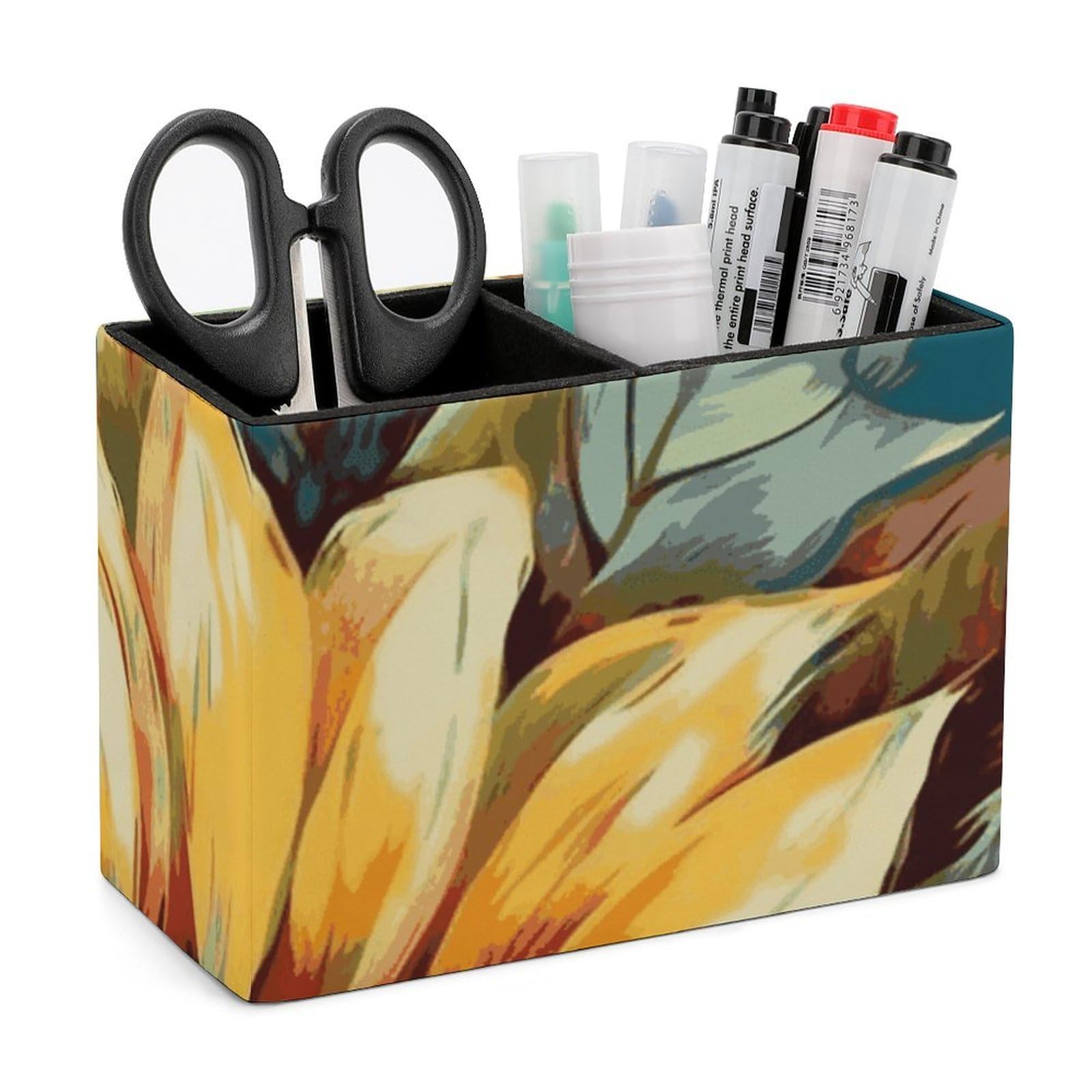 JTREHY Color Painting Sunflower Pencil Holder Exquisite Fashion Leather Pen Receptacle Soft High-End Pen Container for Office Home Accessories Or Housewarming Present