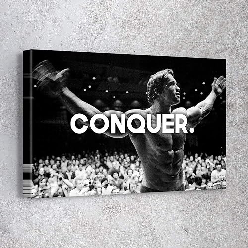 "AWESOMETIK" Arnold Schwarzenegger Conquer Bodybuilding - Lienzo decorativo motivacional para pared, decoración de oficina. Listo para colgar.