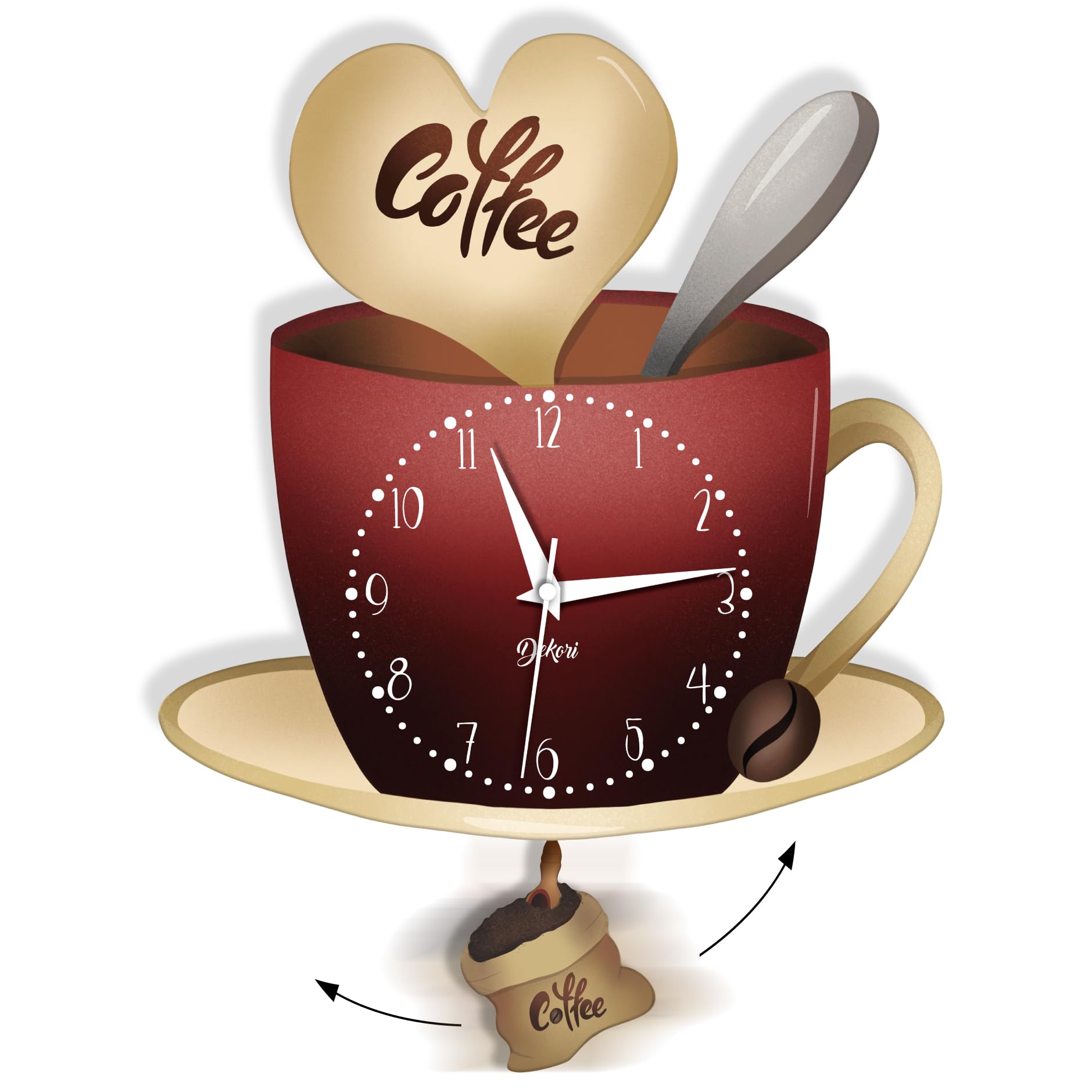 DEKORI Horloge Cuisine Tasse à Café avec Pendule – Horloge Murale Silencieuse Design Italien en Bois – Décoration Cuisine Moderne