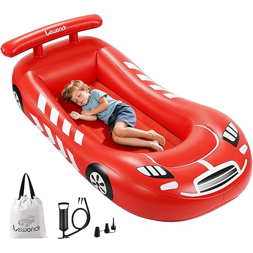 Lewondr Inflatable Kids Bed, Racecar Toddler Air Mattress with Safety Bumpers, Toddler Blow up Mattress with Hand Pump, Portable Toddler Travel Bed for Camping, Sleepovers, Vacation & Home, Red