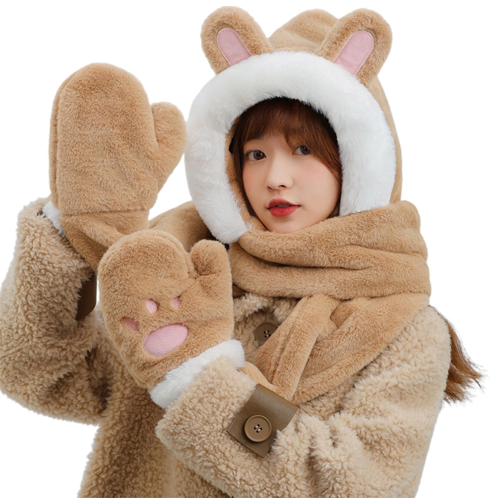 Women Rabbit Ears Hat Outdoor Hat Plush Knitting Hat Winter Plush Warm Scarf Gloves Hat Set Babushka Hat