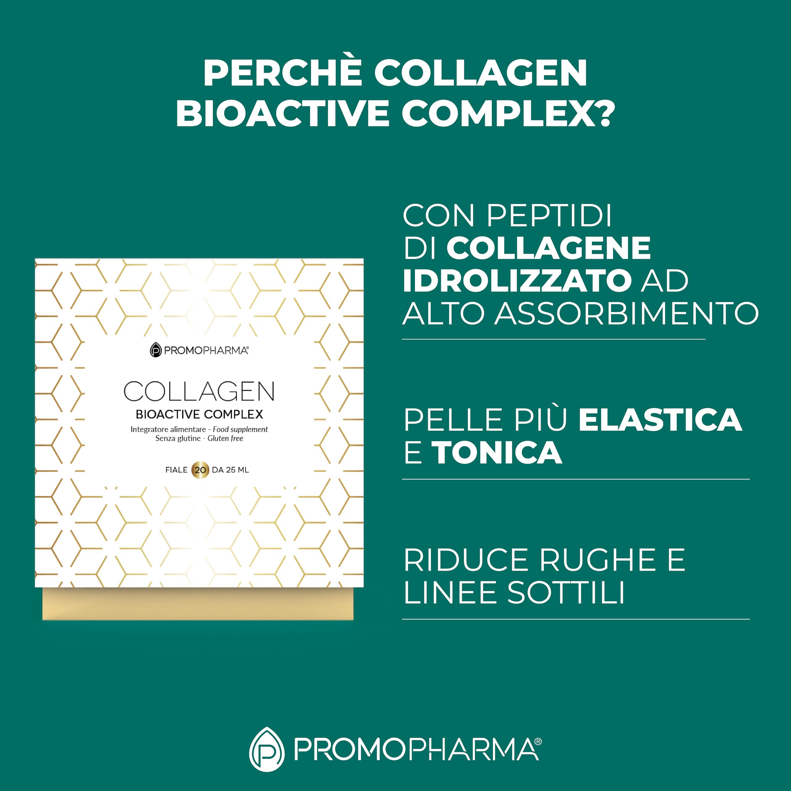 Collagen Bioactive Complex – Peptidi di Collagene Idrolizzato ad Alta Biodisponibilità con Vitamina C – Contribuisce a mantenere la Pelle Elastica – 20 fiale da 25 ml