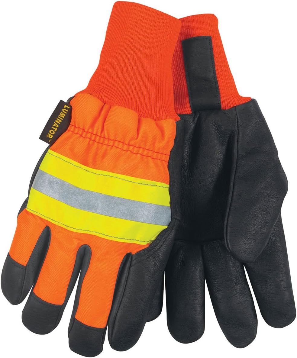 MCR Safety 34411L Luminator Grain Pigskin Waterproof Thermosock Lined Gloves with Wing Thumb, Black/Orange, Large, 1-Pair