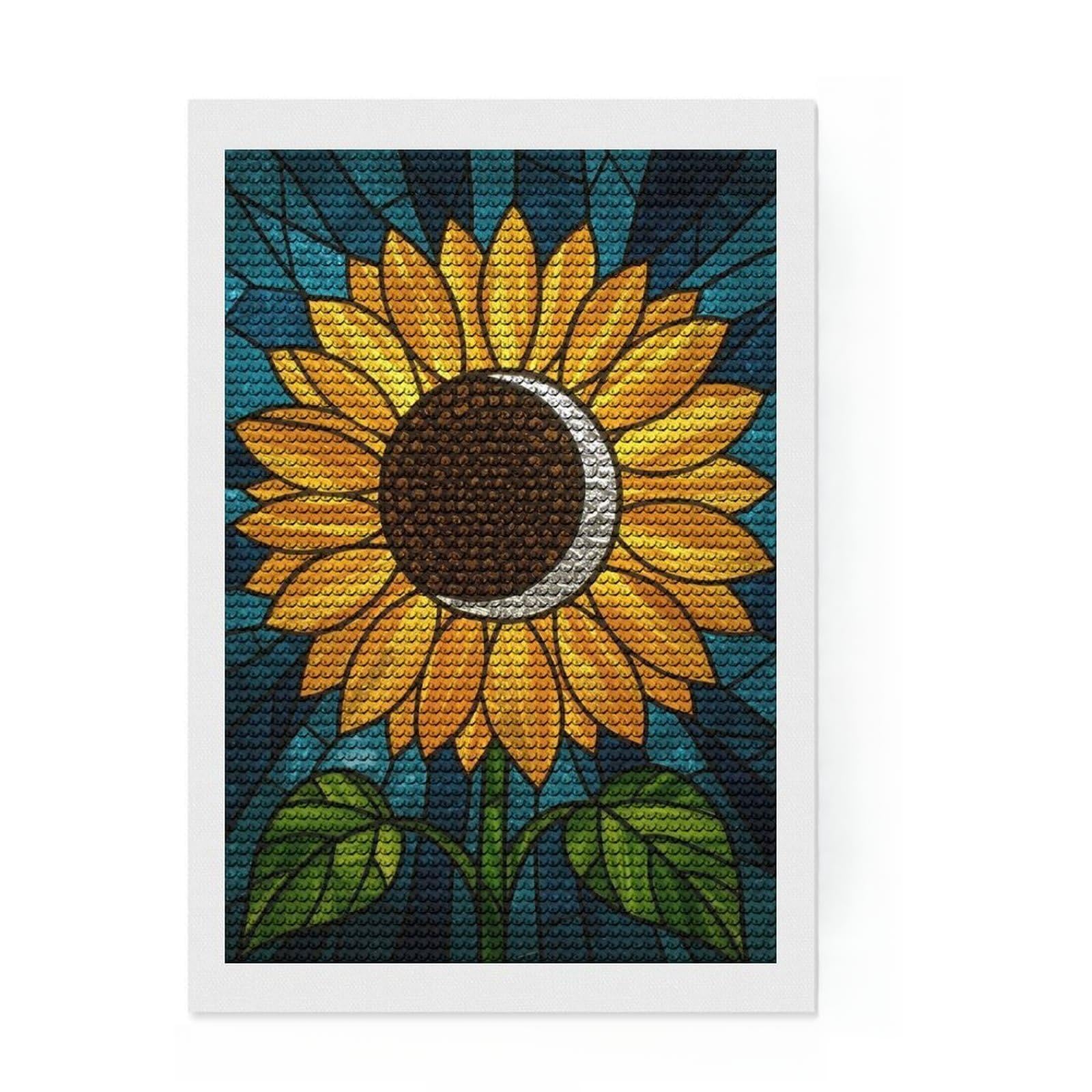 Junmoney Stained Glass Sunflower with Moon Diamond Art Canvas 8"x12", Easy to Follow Symbols, Easy Handmade Project, Boho Decor, Holiday Gift Idea