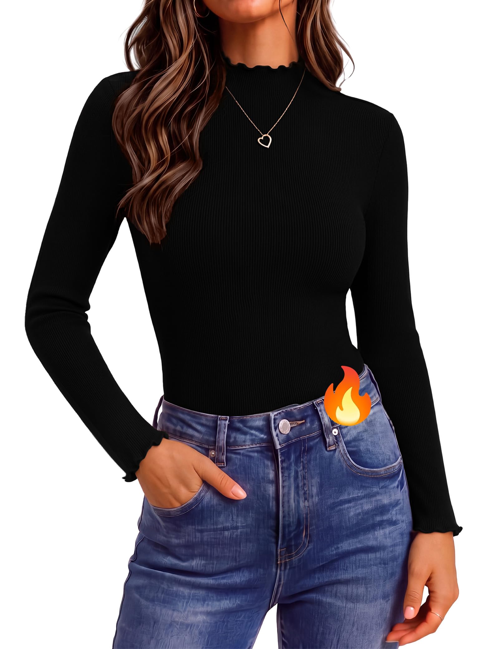Aottori Thermo Langarmshirt Damen Stehkragen Oberteile Gerippt Slim Fit | Thermoshirt Langarm, Rollkragenshirt, Unterziehshirt, Basic Top, Pullover, Stretch, Elegant, Winter, für Alltag Freizeit Büro