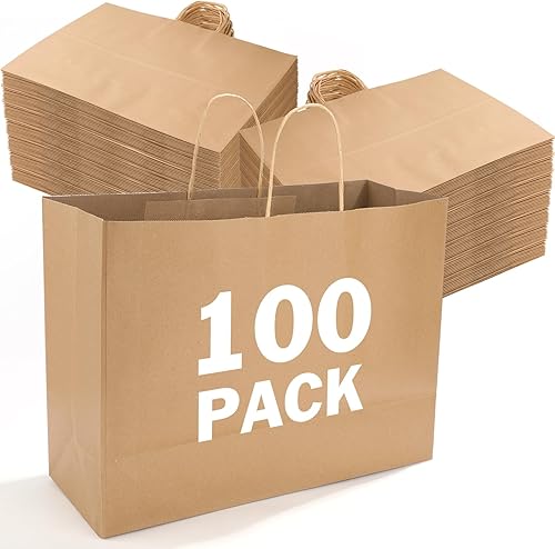 XPCARE Paquete de 100 bolsas de papel kraft con asas a granel, bolsas de papel marrón de 16 x 6 x 12 pulgadas, bolsas de compras Kraft para