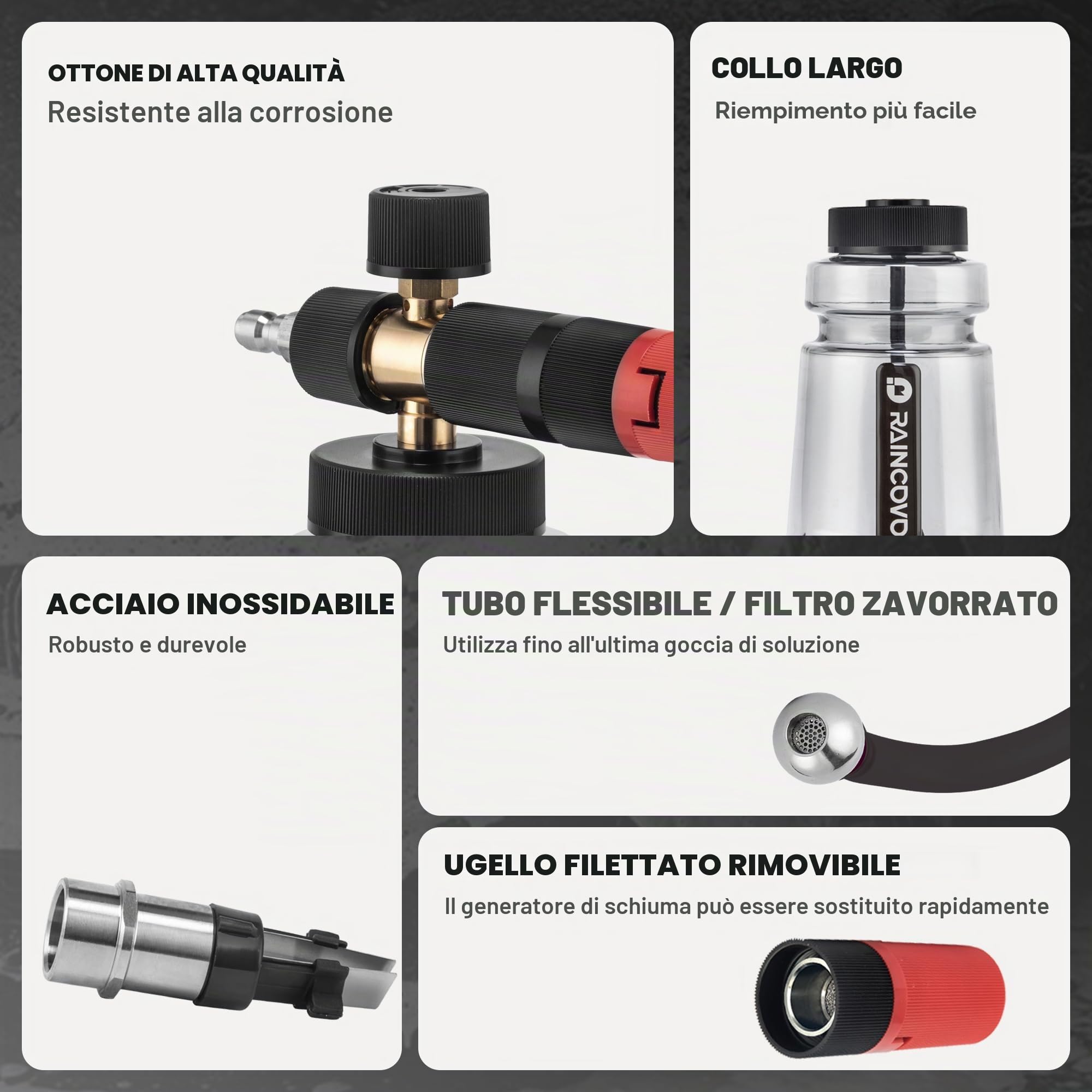 Raincovo Cannone a schiuma a bocca larga per idropulitrice, lancia spessa per lavaggio auto, cannone per sapone regolabile con connettore rapido da 1/4", ugello orifizio aggiuntivo da 1,1 mm