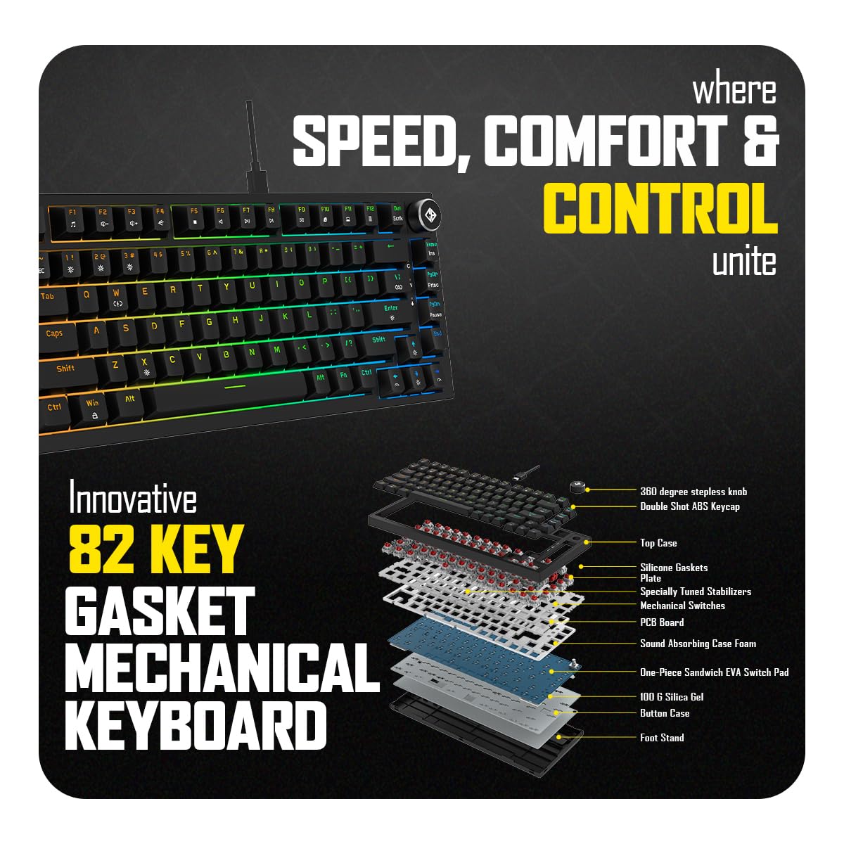 Cosmic Byte CB-GK-43 Phantom TKL Gasket Mechanical RGB Wired Keyboard, Pre-Lubed Outemu Red Switches, 1000Hz Polling, Software, Per-Key RGB, Swappable Switches, Volume Roller, USB C Port (Black) — Amazon image 2
