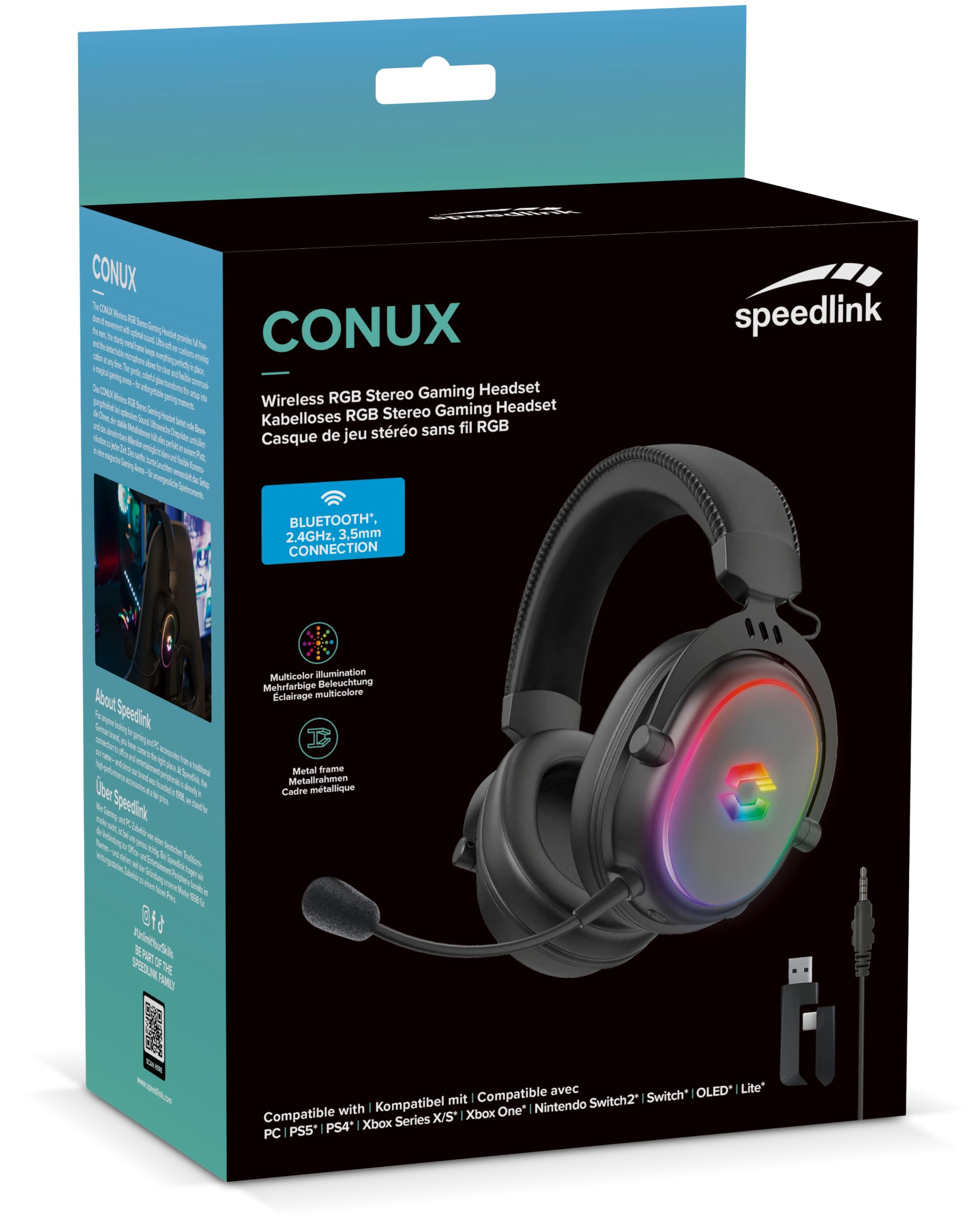Speedlink CONUX RGB Gaming Headset Wireless Bluetooth USB 2.4G 3,5mm Klinke | mit Mikrofon, Metallrahmen, weiche Polsterung, Akku wiederaufladbar, kabellos, PC/PS5/PS4/Xbox Series X/S/Switch/Switch2