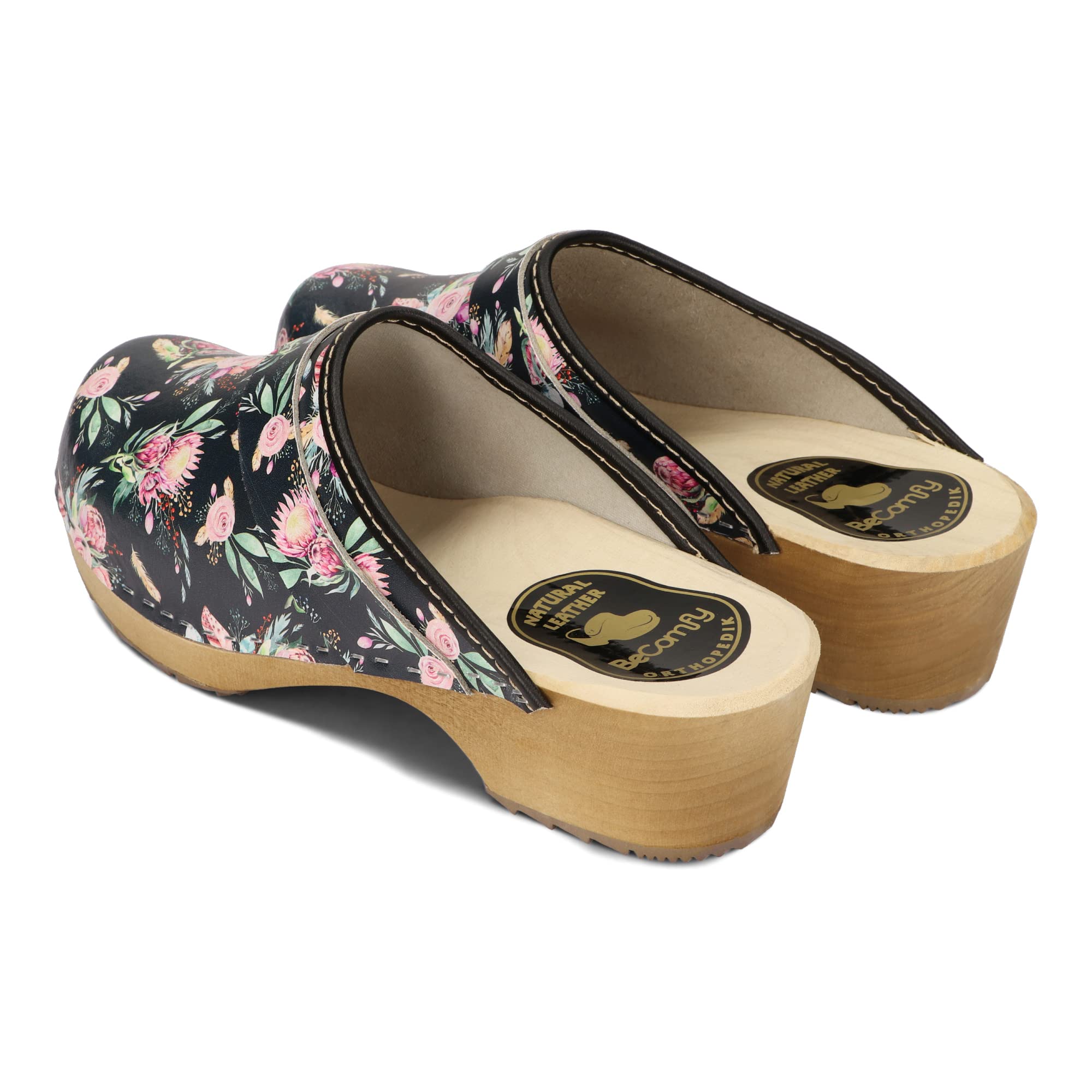 BeComfy Damen Holz Clogs Leder Clogs mit Holzsohle Echtleder Holzclogs Blumen Blau Weiß 35-41 EU
