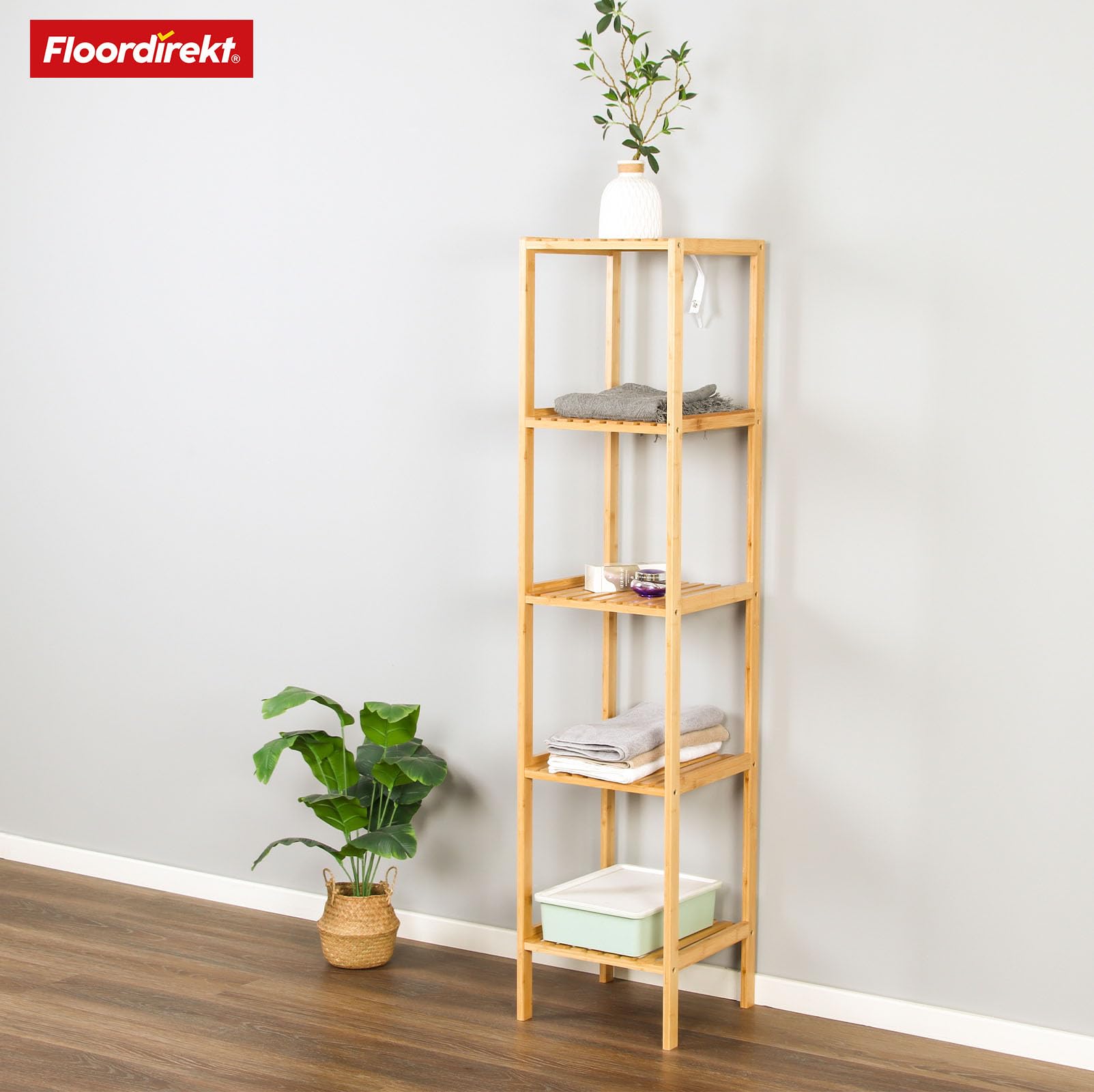 Floordirekt Bambus Regal, schmales Standregal für Badezimmer, Schlafzimmer, Wohnzimmer, Holzregal mit 3/5 Etagen, Regal Größe 34 x 33 x 146 cm (Lowa) (5 Etagen)