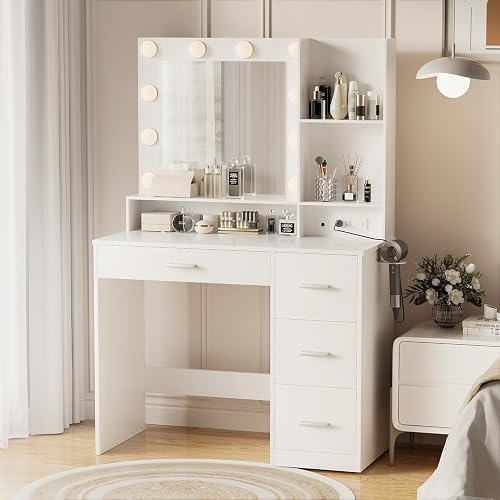 YESHOMY Vanity Desk with Mirror, Power Outlet and 10 Lights, Makeup Table with 4 Drawers, 3 Color Modes Available for Bedroom, White - White