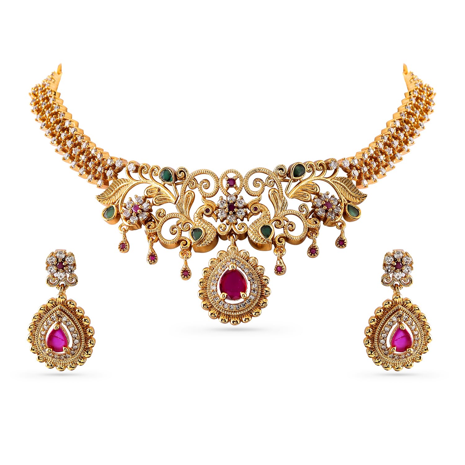 22K Gold-Plated Ruby Pink & Emerald Green Cubic Zirconia Studded Handcrafted Necklace & Earrings Set – Perfect for Weddings & Festive Occasions