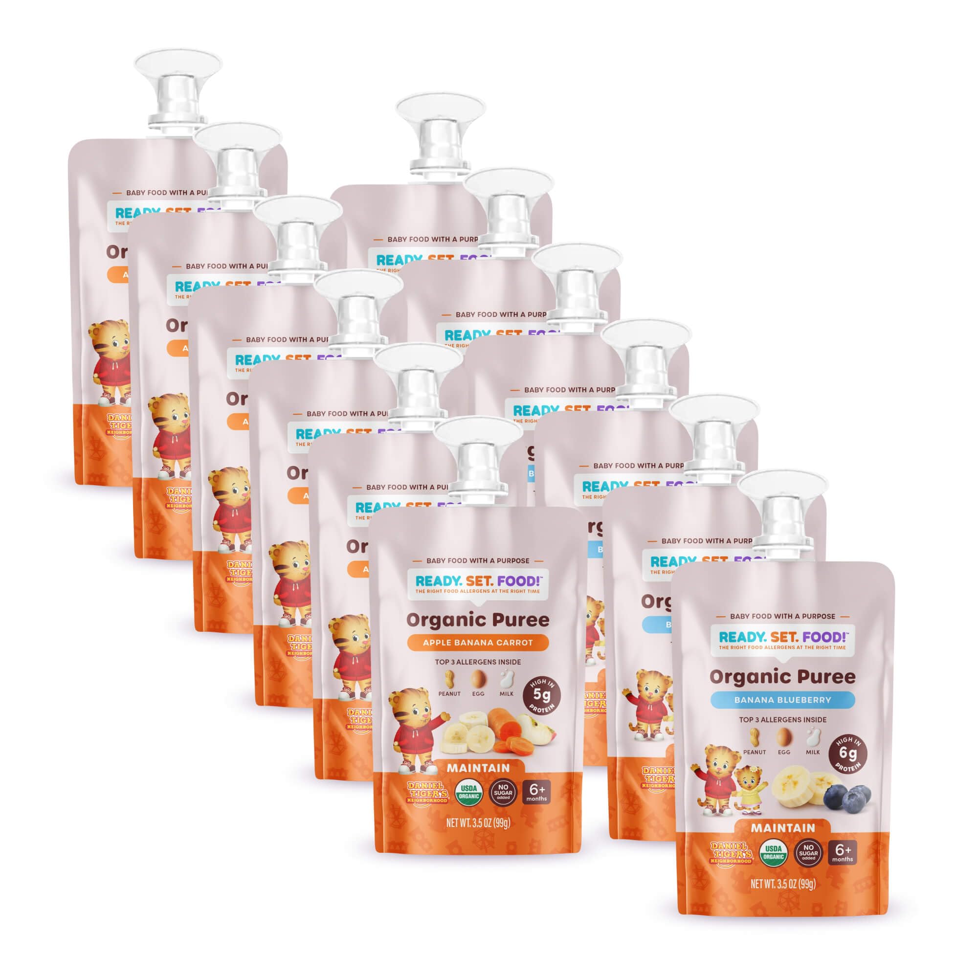 Ready Set Food Organic Puree Pouch – Organic Baby Food Squeeze Pouch with Top 3 Allergens for Baby Allergen Introduction, Includes Organic Peanuts, Egg, and Milk (Variety Pack, 12 count)USDA Organic