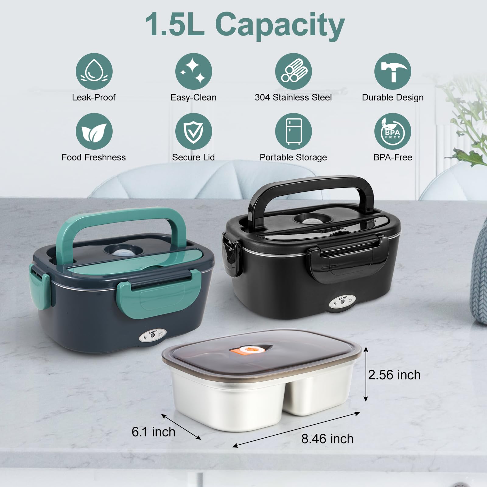 SOHIDA Contenedor interior de acero inoxidable de 1,5 L con tapa, doble compartimento, extraíble, apto para lavavajillas, compatible con lonchera eléctrica de 1,5 L, fácil de limpiar