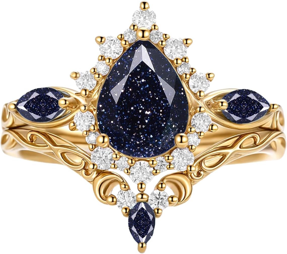 Pear Shaped Gemstone Engagement Ring Set Art Deco Moss Agate Alexandrite Opal Wedding Rings for Women - S925 10K 14K 18K Gold Halo Gemstone Anniversary Bridal Set Free Engraving